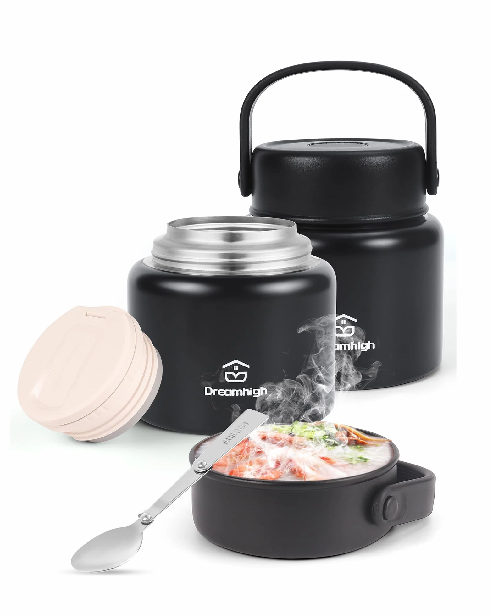 Dreamhigh® Pojemnik termiczny na żywność, 500 ml, ze stali nierdzewnej, z uchwytem, termos na jedzenie, szczelny, w zestawie łyżka, zachowuje 12 godzin ciepło, 12 godzin zimno (czarny, 500 ml)