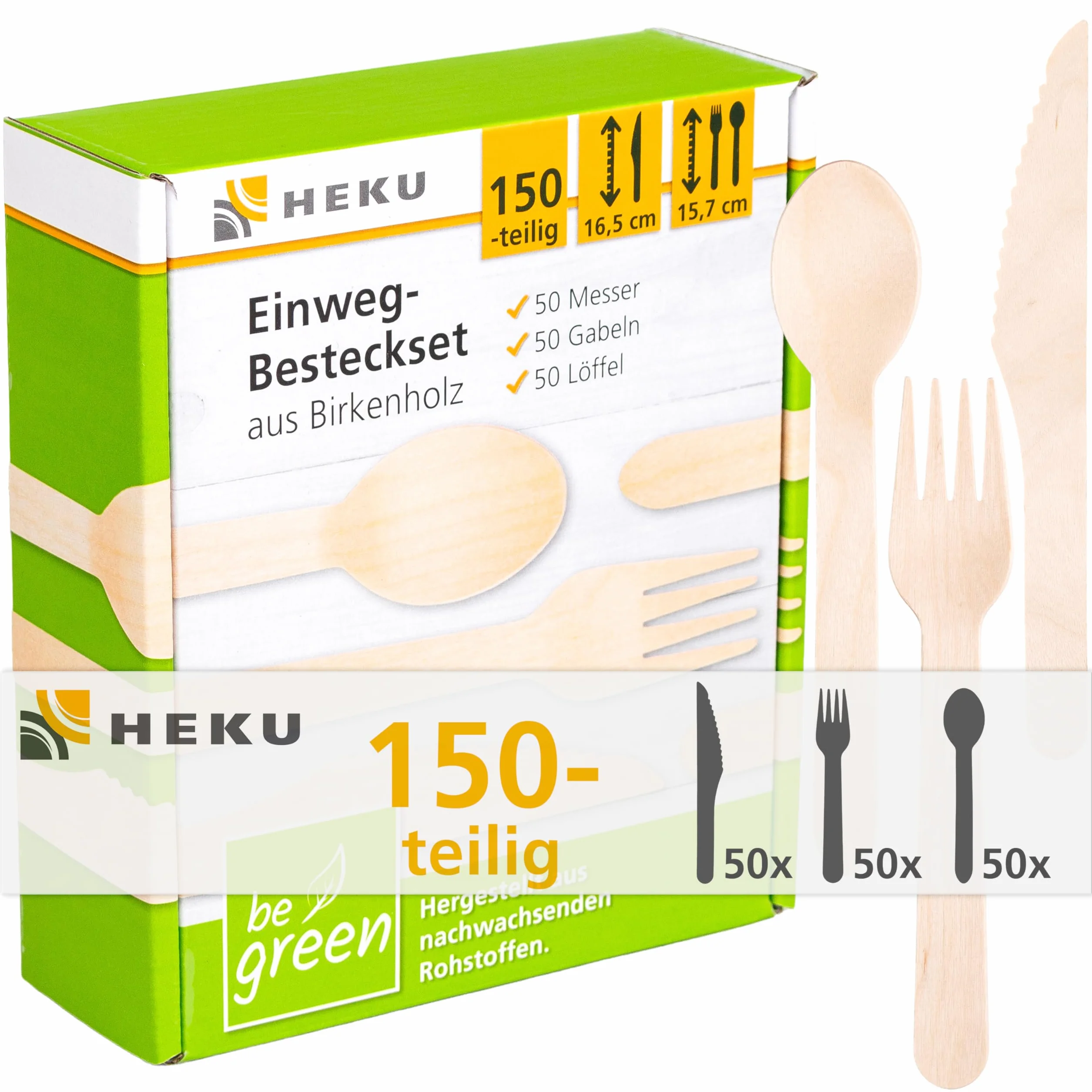 HEKU be green 150-częściowy zestaw sztućców jednorazowych z drewna brzozowego – 50 noży (16,5 cm), 50 widelców, 50 łyżek (15,7 cm), możliwość kompostowania, wyprodukowany z surowców odnawialnych i