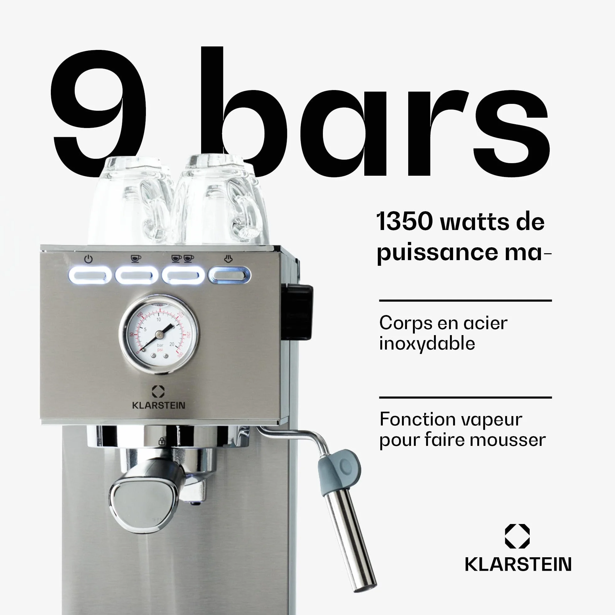 Klarstein Pausa Ekspres do espresso, Ekspres kolbowy 1350 W, 7-9 barów ciśnienia, Kolbowy do kawy ze zbiornikiem: 1,4 litra, Stal nierdzewna, srebrny