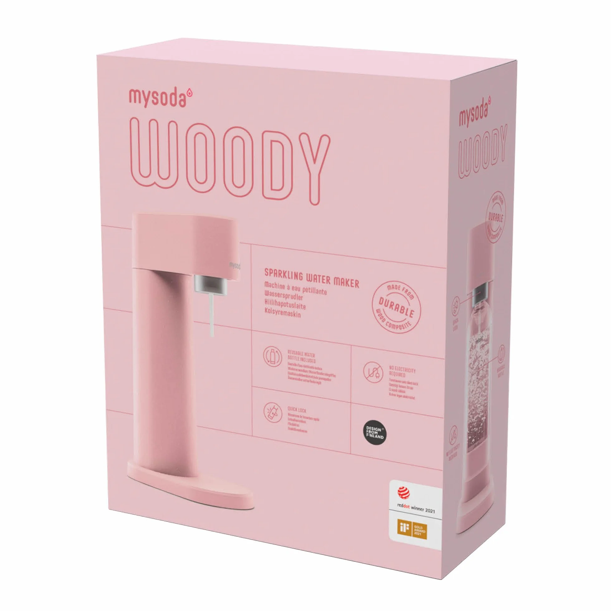 Mysoda: Woody zestaw saturatora z odnawialnego kompozytu drewnianego, z plastikową butelką Quick-Lock 1 l, bez BPA i cylindrem CO2, różowy