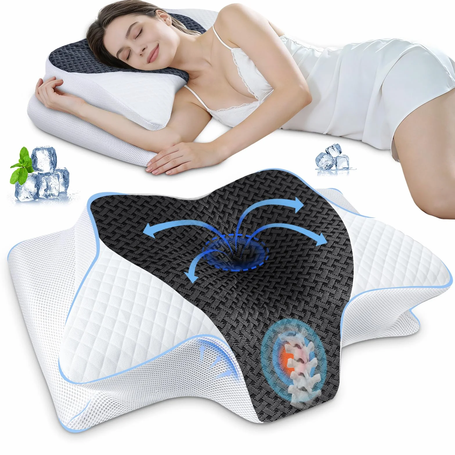 SAHEYER Poduszka ortopedyczna pod szyję, 2 w 1 Ergonomiczna poduszka pod kark, poduszka z pianki z pamięcią kształtu, dla osób śpiących na plecach, na boku i na brzuchu, Szary, 60x35,5x13/11cm