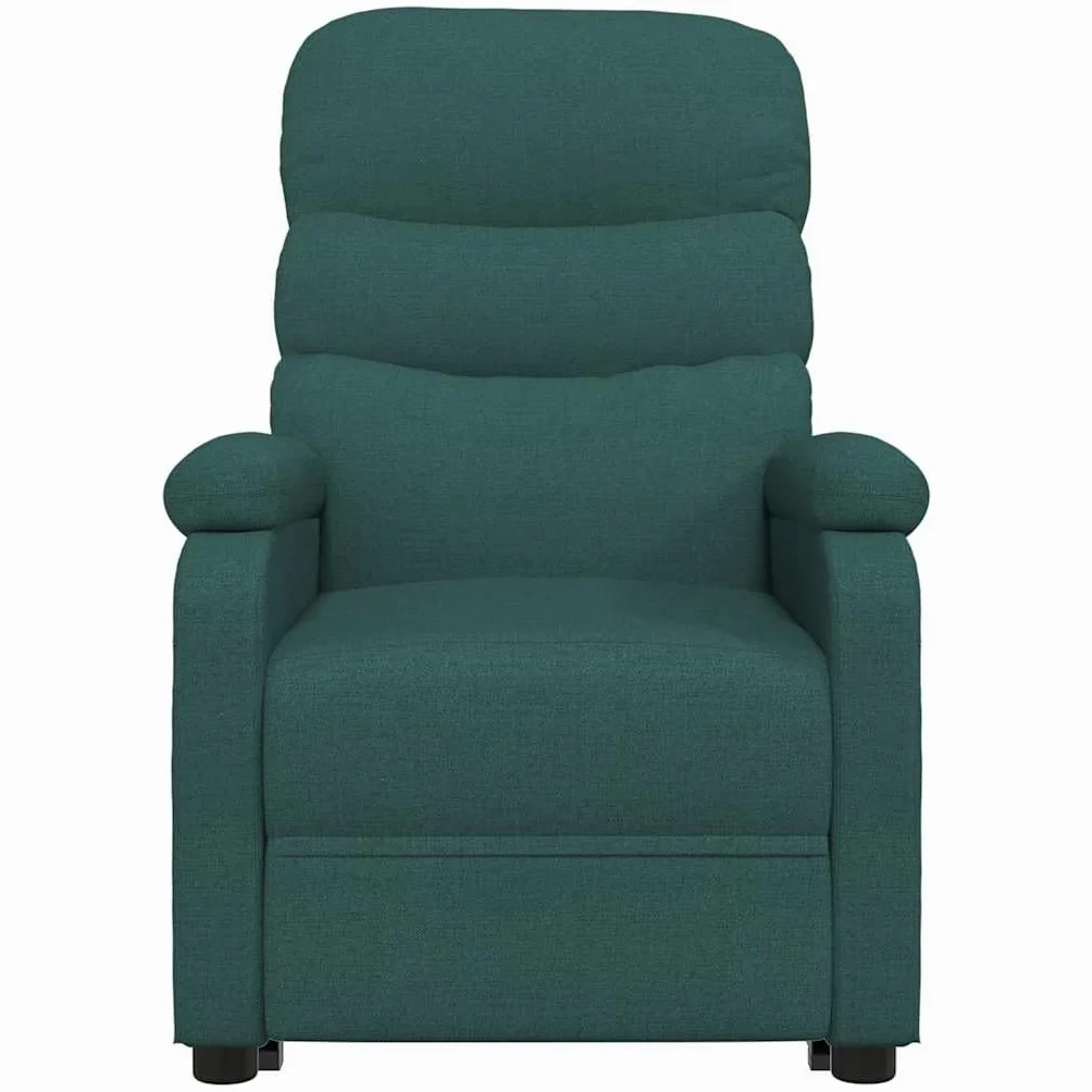 Fotel relaksacyjny, ciemnozielony, materiał z regulowanym oparciem i podnóżkiem, ergonomiczny fotel tapicerowany z metalu i drewna, do salonu, kącika do czytania, biura i salonu