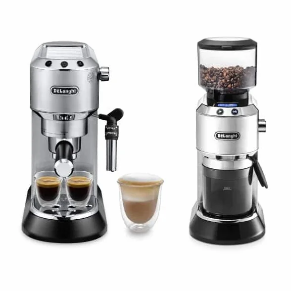 De'Longhi Dedica ECKG6821.M, elektryczny młynek do kawy, ze spieniaczem do mleka, tradycyjna pompa do ekspresu Barista, ekspres do kawy i cappuccino, 18 ustawień stopnia mielenia, metal