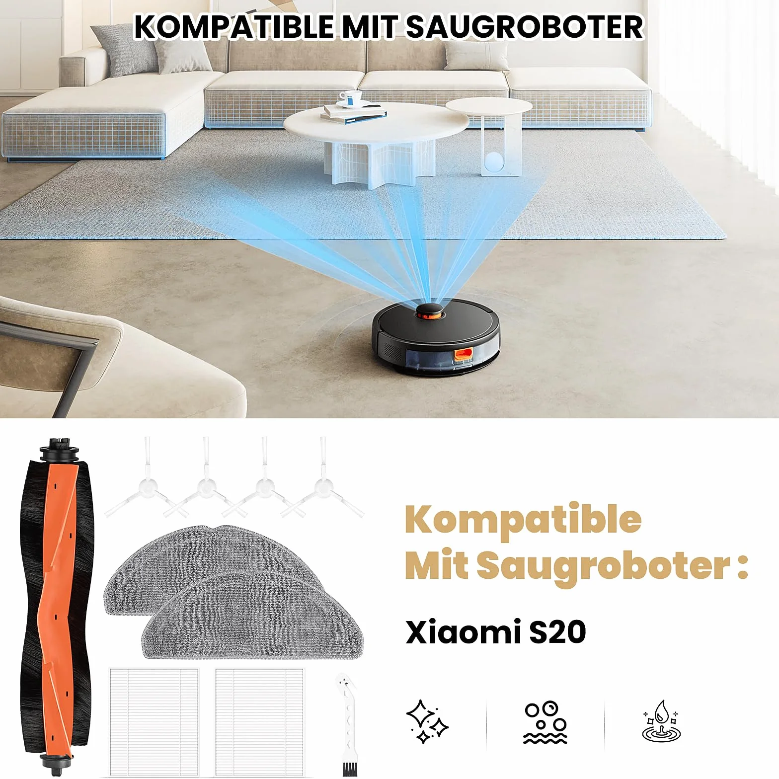 10 sztuk: akcesoria do robota odkurzającego Xiaomi S20, części zamienne, 1 szczotka główna, 2 podkładki, 2 filtry HEPA, 4 szczotki boczne, 1 akcesoria do czyszczenia