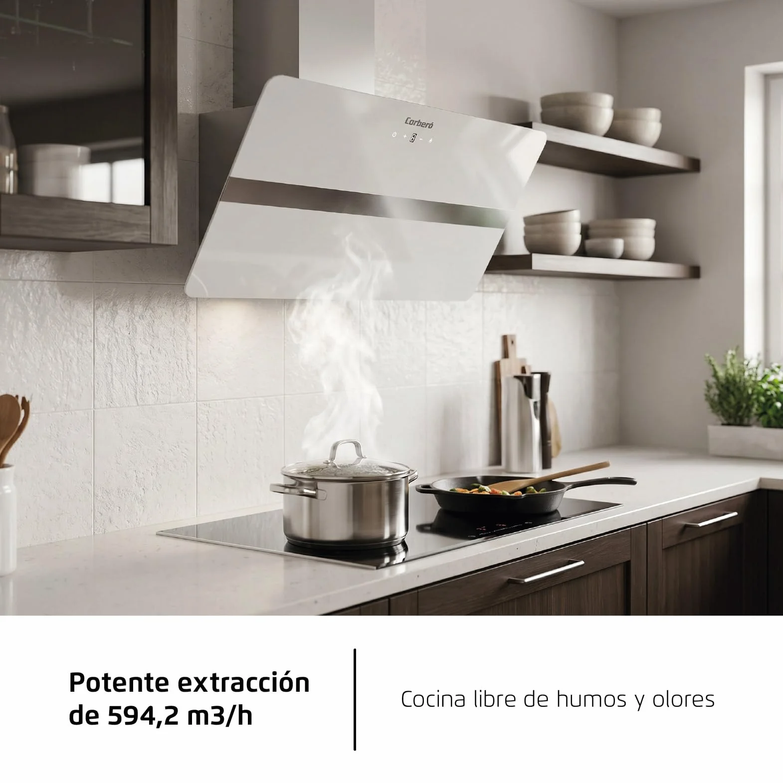 Corberó VicTORIA960W Dekoracyjny Dzwonek, 90 cm, 165 W, 3 prędkości, Control Touch, Przepływ 594,2 m3/h, kolor szkła hartowanego, 1 x filtr aluminiowy, filtr węglowy, energia A
