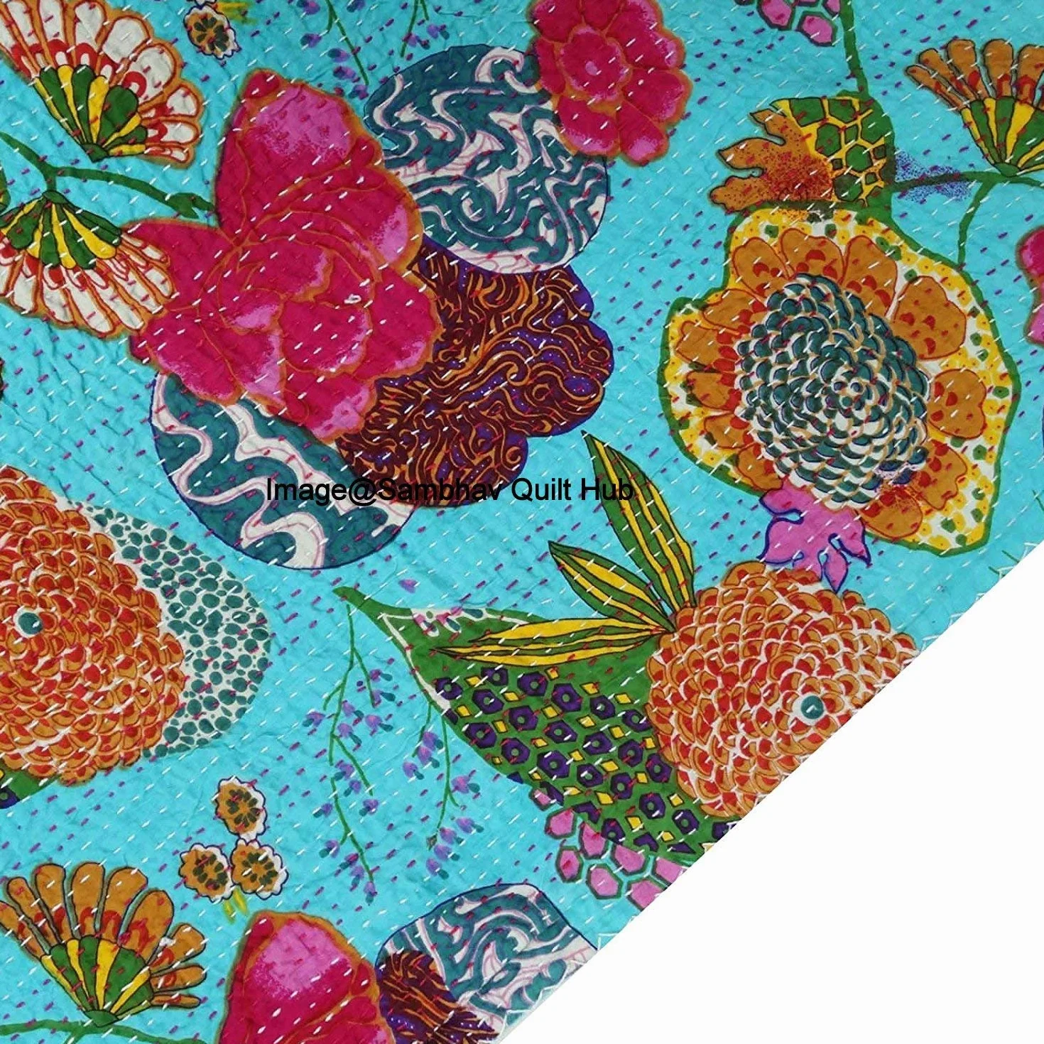 King / Twin Size indyjski owoc dwustronny wzór Gudri czysta bawełna Kantha Style Twin Size Kołdra narzuta na łóżko kwiatowy i owocowy nadruk dekoracyjna kantha Stitch kołdra (turkusowa, 152 x 229 cm)