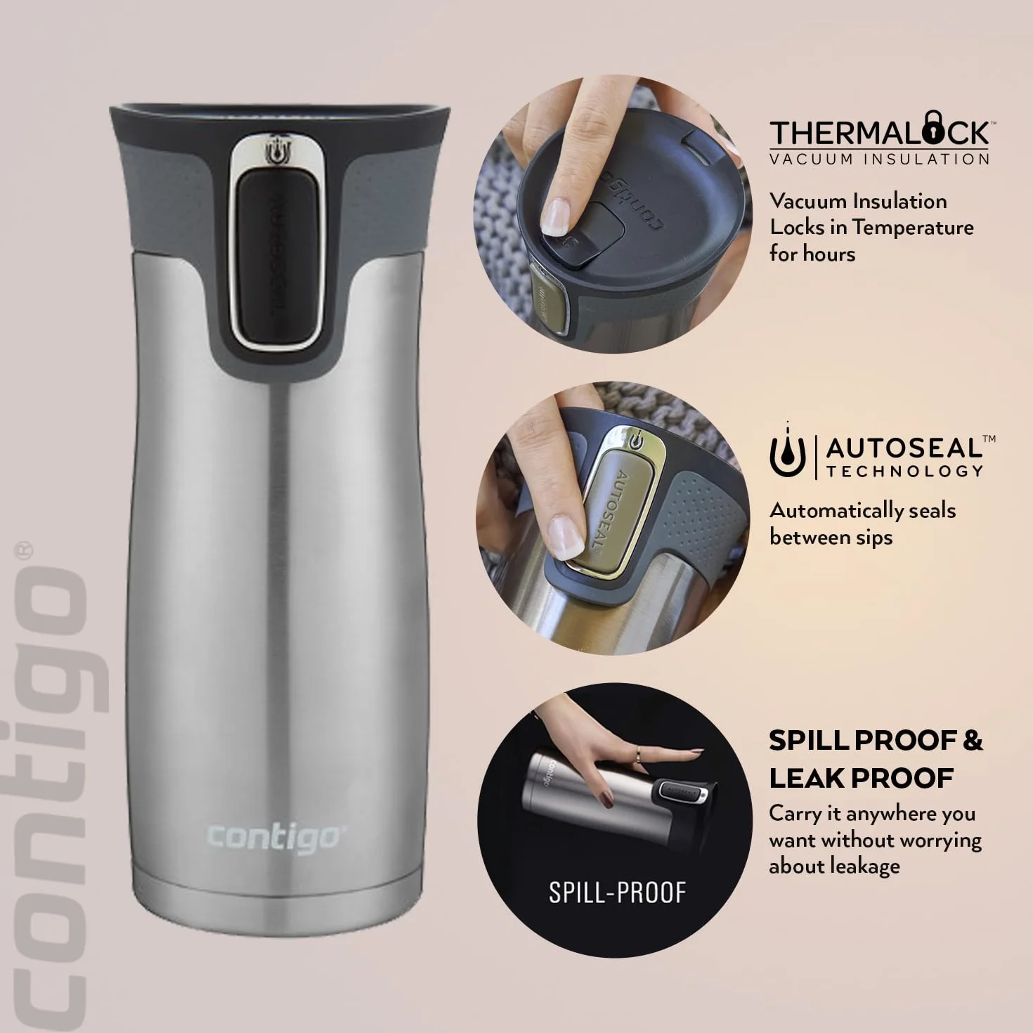 Contigo West Loop Autoseal Thermal Mug, kubek termiczny ze stali nierdzewnej, izolowany kubek do kawy, nie zawiera BPA, odporny na wycieki, z pokrywką Easy-Clean, utrzymuje do 5 godzin, 470 ml