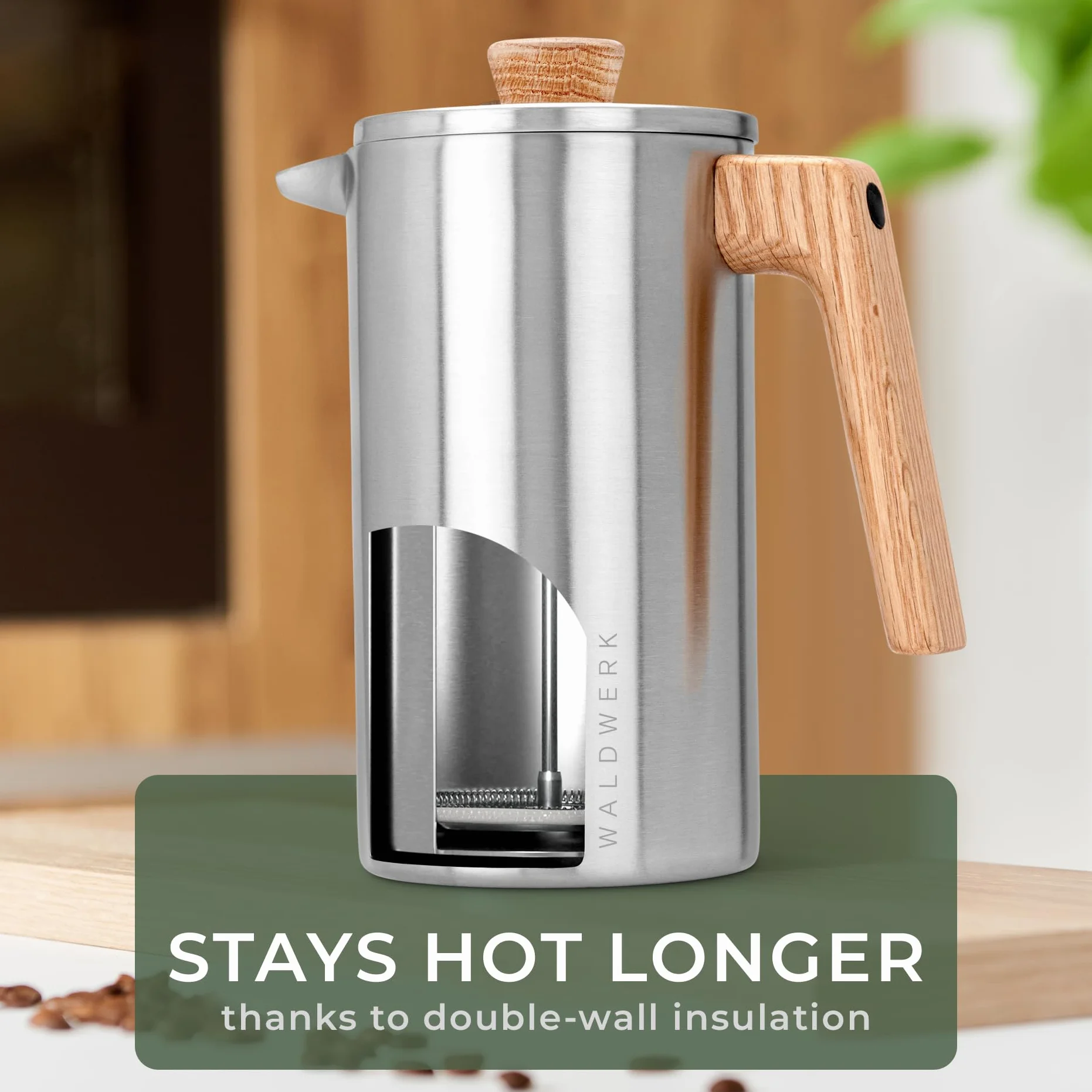 WALDWERK French Press (1L) - Kaffeebereiter aus ??doppelwandigem Edelstahl mit Holzgriff aus Eichenholz - plastikfreier Kaffeezubereiter