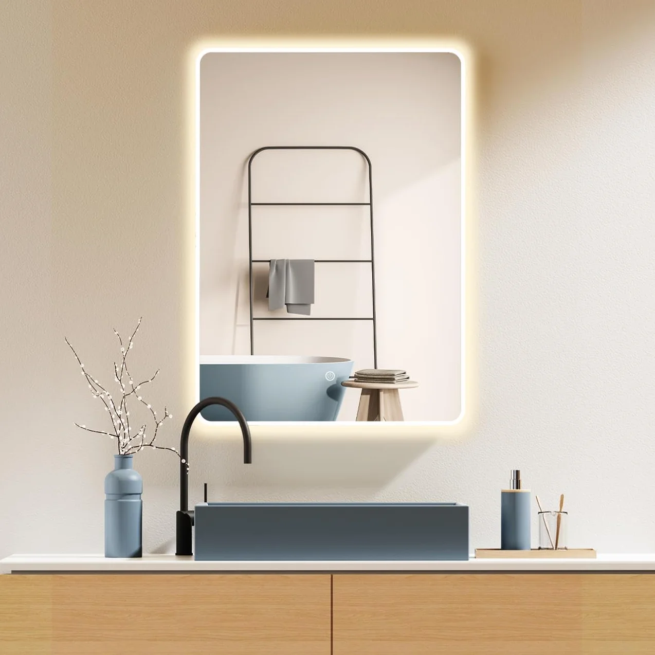 HOKO Lustro łazienkowe LED 50 x 70 cm / 70 x 50 cm Alaska z białą metalową ramą, montaż WYSOKI + POZIOMI. Przełącznik dotykowy, funkcja pamięci + zmiana światła ciepła biel zimna biel neutralna