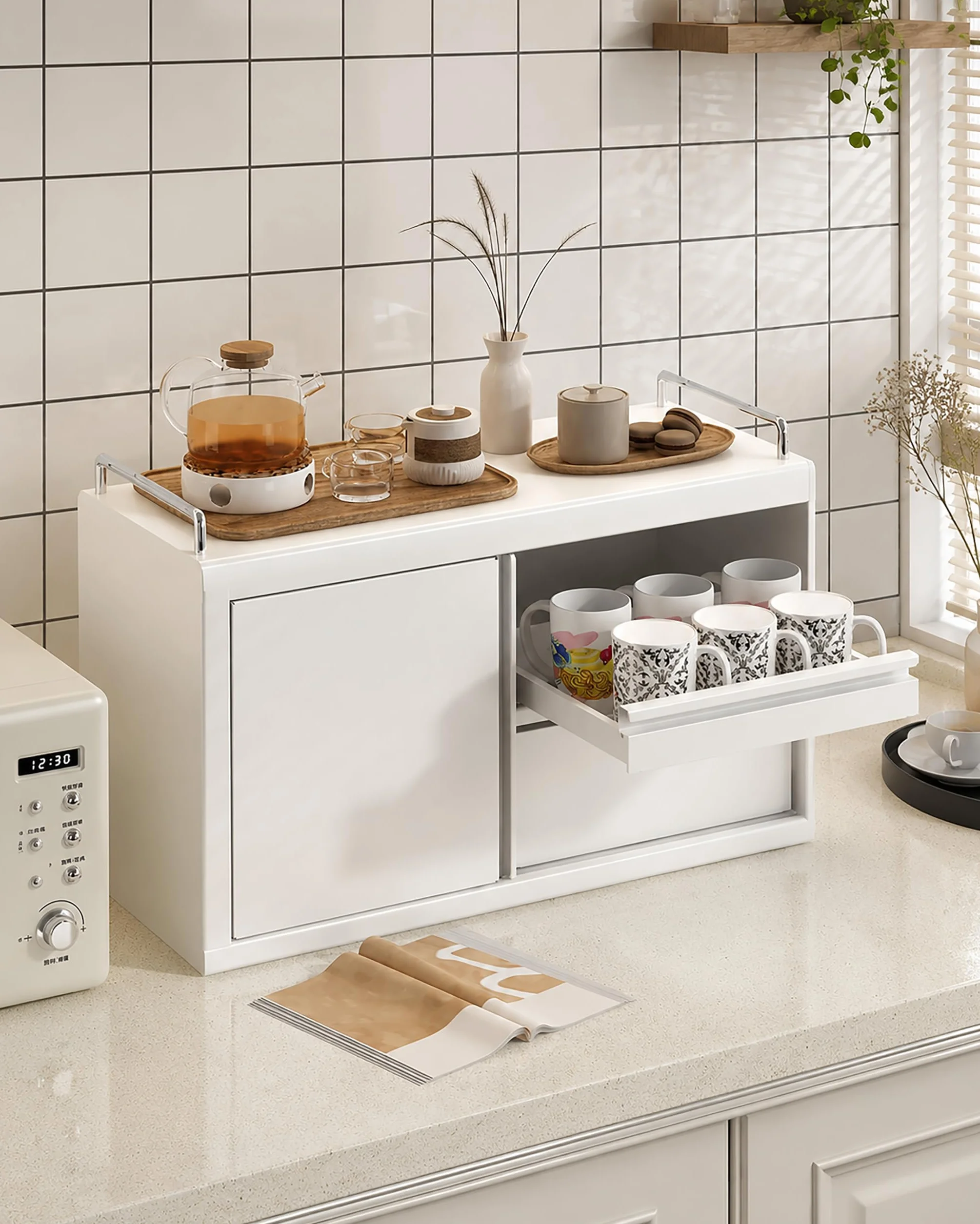 Organizer na blat kuchenny do kawy z szufladami, biały metalowy szafka do przechowywania, stalowy organizer z drzwiczkami, mała kredens do jadalni, kuchni, salonu,B,W 50cm