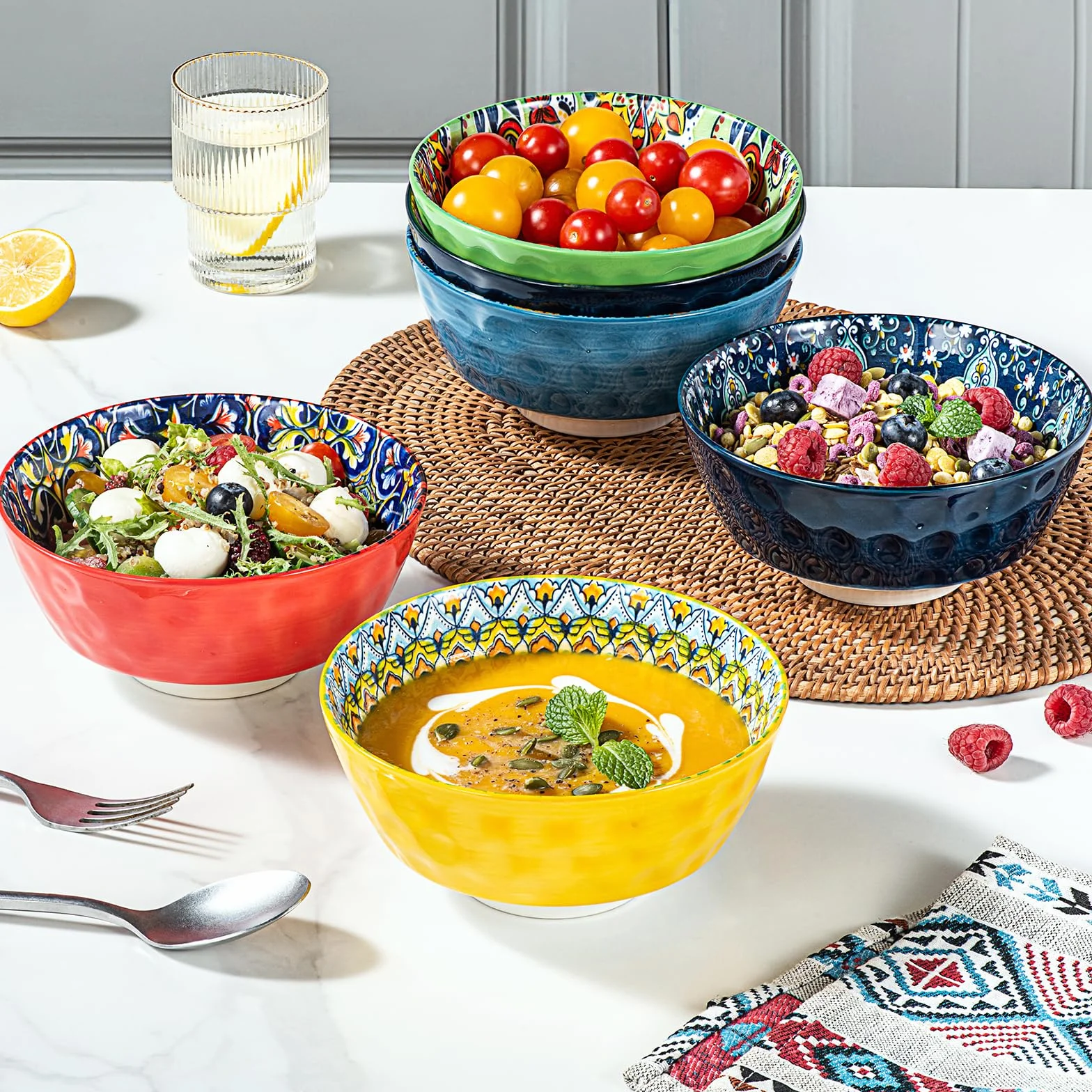 HENXFEN LEAD miseczki deserowe, miska do zupy 750 ml, porcelanowa miska sałatkowa, ceramiczna na lody, ryż, deser itp. Kolorowa, opakowanie 6 sztuk - styl bohemski