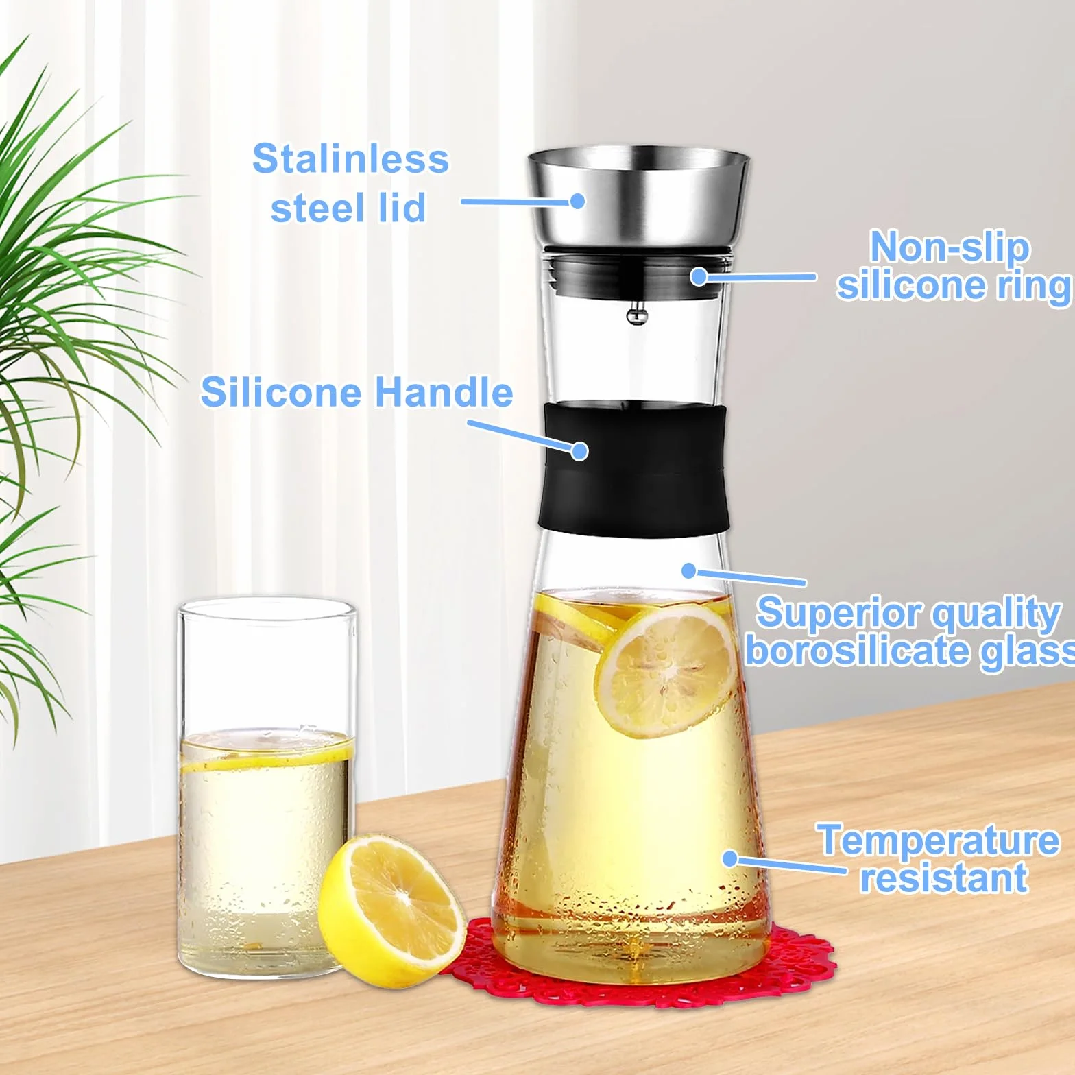 FAMKEEP Szklany dzbanek na wodę, szklana butelka o pojemności 1200 ml i pokrywka ze stali nierdzewnej, szklany dzbanek na wodę do zimnego, gorącego soku, herbaty, mleka i kawy