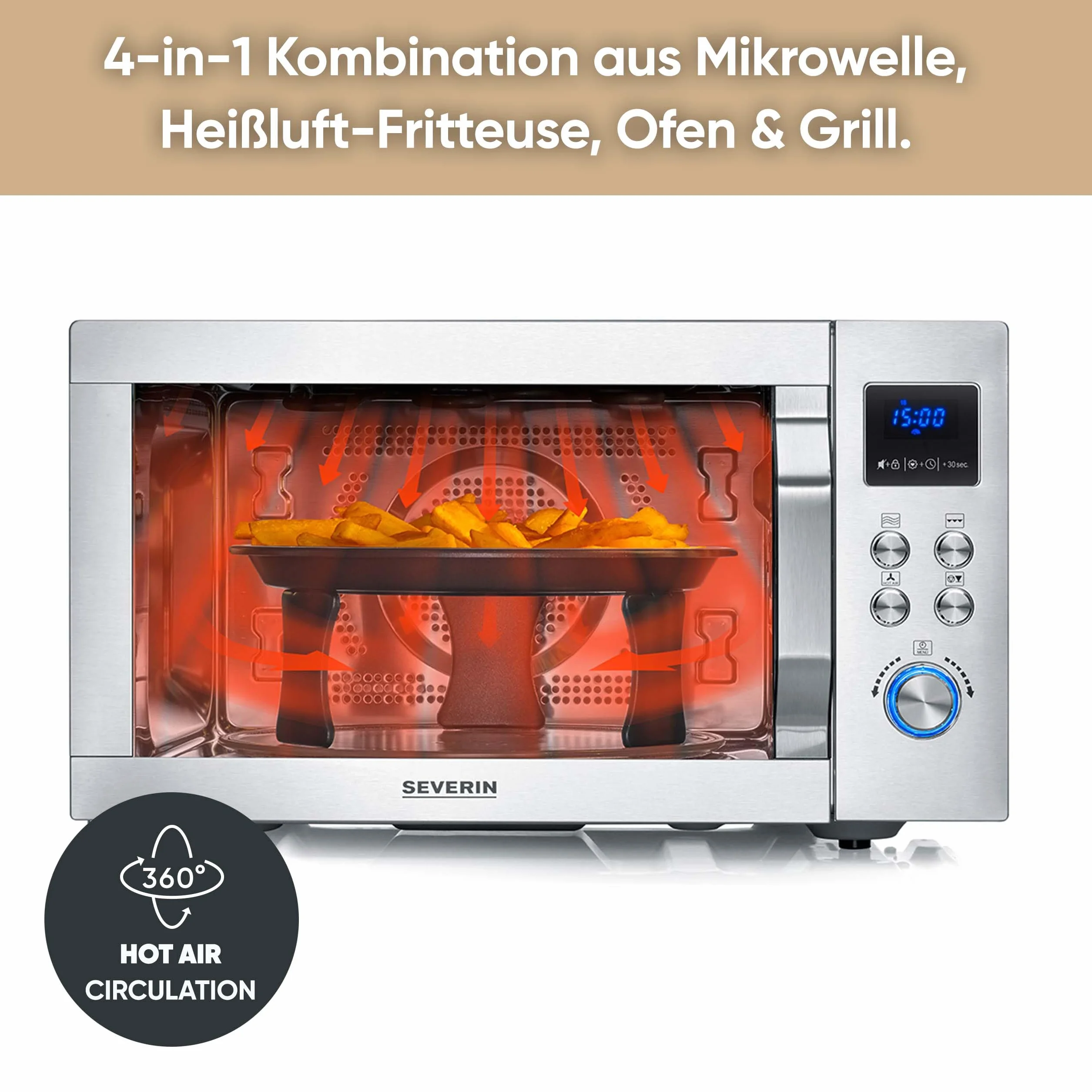 Kuchenka mikrofalowa SEVERIN 4 w 1 „Crispy Wave”, funkcja gorącego powietrza do 230°C, frytkownica na gorące powietrze, piekarnik i grill, maks. moc 2150 W, 25 l, srebrna/stal nierdzewna, MW 7982