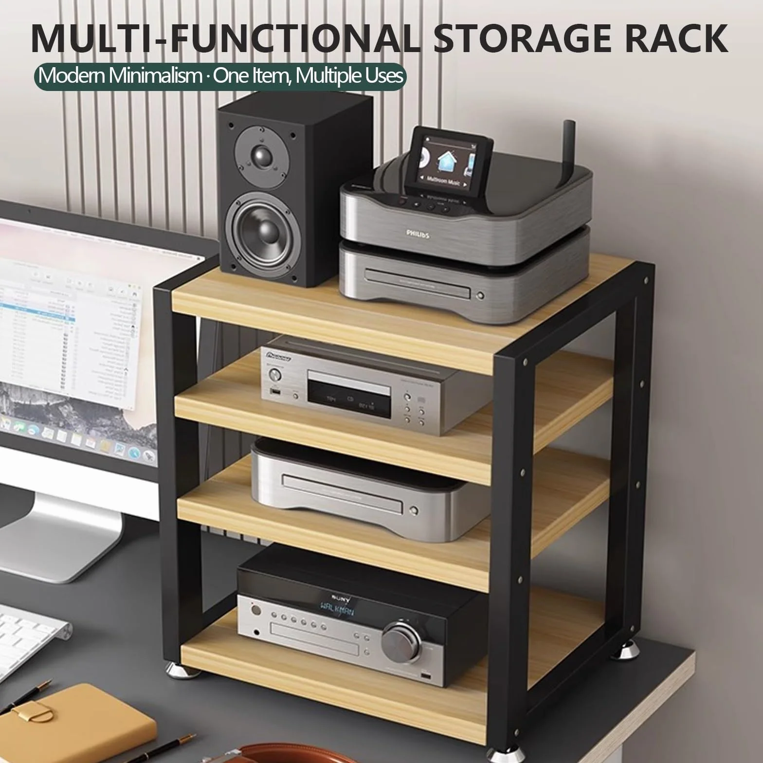 2-poziomowy stojak na media AV, otwarty stojak audio do stereo i systemów, multimedialna szafka do przechowywania, odtwarzacza płyt CD/DVD i wzmacniacza (czarny, 40 x 35 x 23 cm)