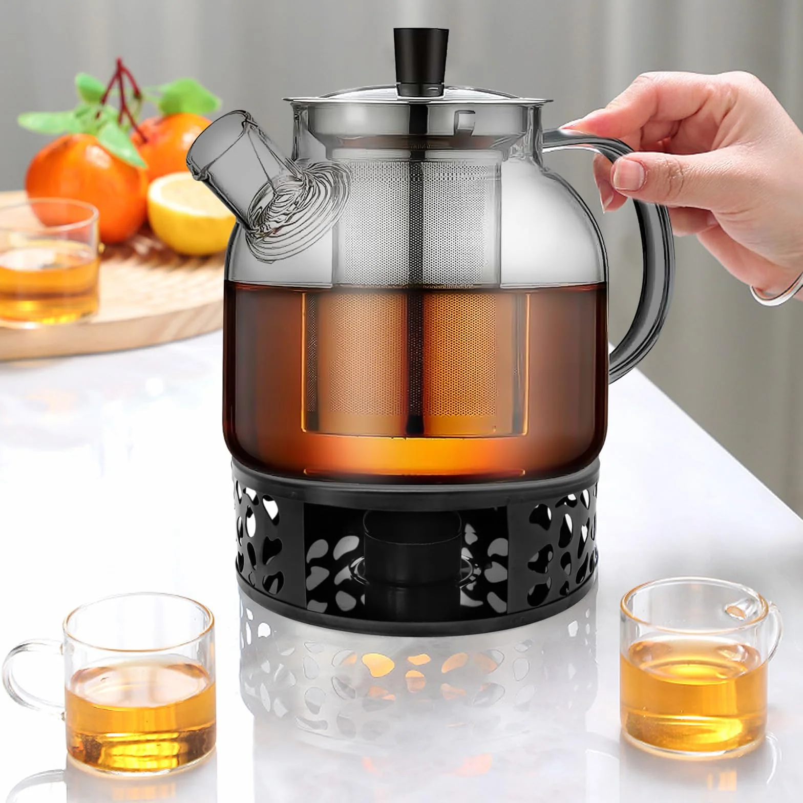 Czarny dzbanek do herbaty 1500 ml z podgrzewaczem, szklany zaparzacz do herbaty z sitkiem, szklany dzbanek z sitkiem, dzbanek do herbaty ze szkła borokrzemowego, dzbanek do herbaty sypkiej, torebki