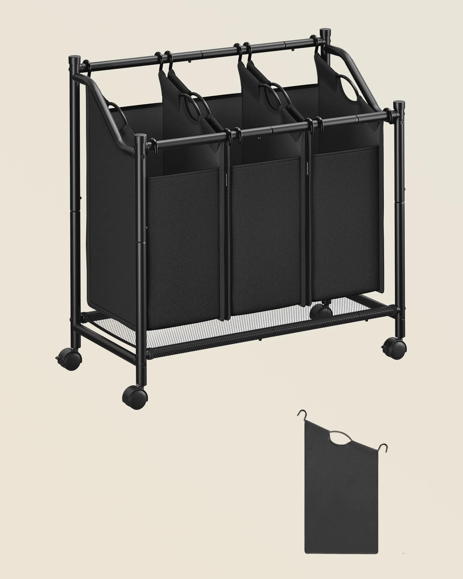 SONGMICS Kosz na bieliznę z kółkami, kosz na pranie z 3 wyjmowanymi workami na pranie, wózek na pranie, do pralni, sypialni, łazienki, 3 x 45 L, atrament czarny RLS102B01