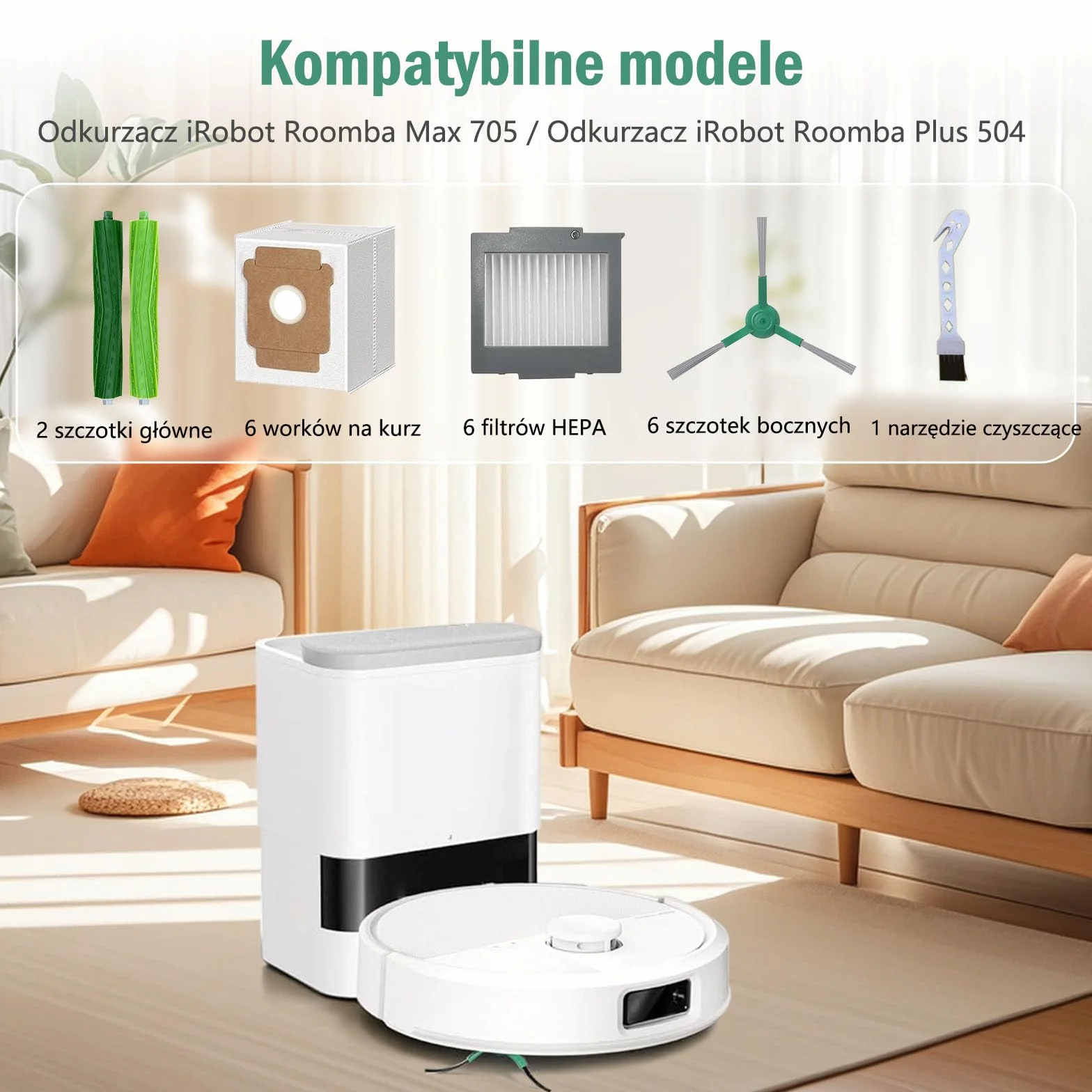 Zestaw 21 części zamiennych LOVOBO do robota odkurzającego iRobot Roomba Max 705 Vac/Plus 504 Vac, zestaw akcesoriów z 2 głównymi szczotkami 6 workami na kurz 6 filtrami HEPA 6 bocznymi szczotkami