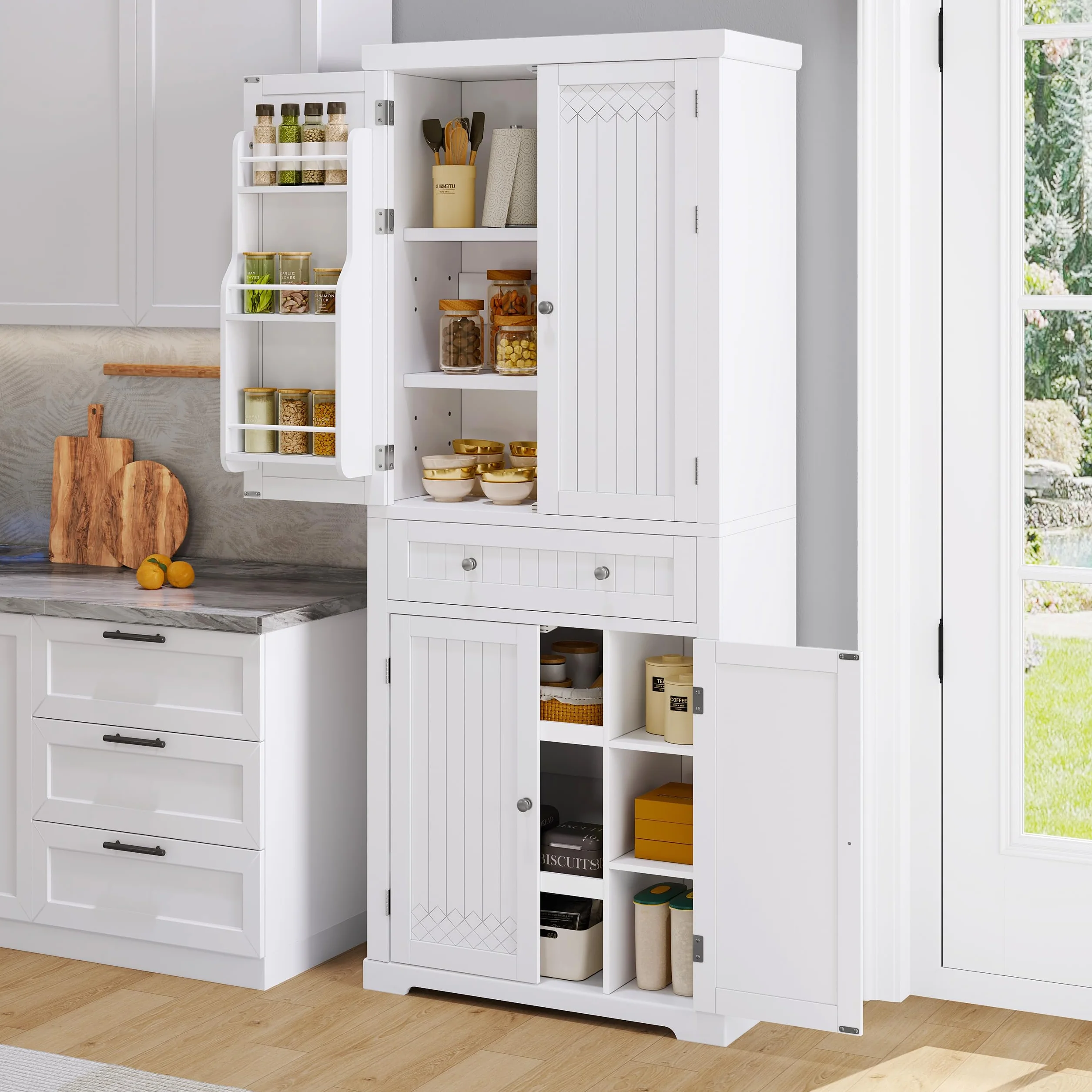 YITAHOME Szafka kuchenna 182,5 cm wysoka szafka do przechowywania, kredens kuchenny z ruchomą półką, biały kredens wolnostojący 70 x 40 x 182,5 cm