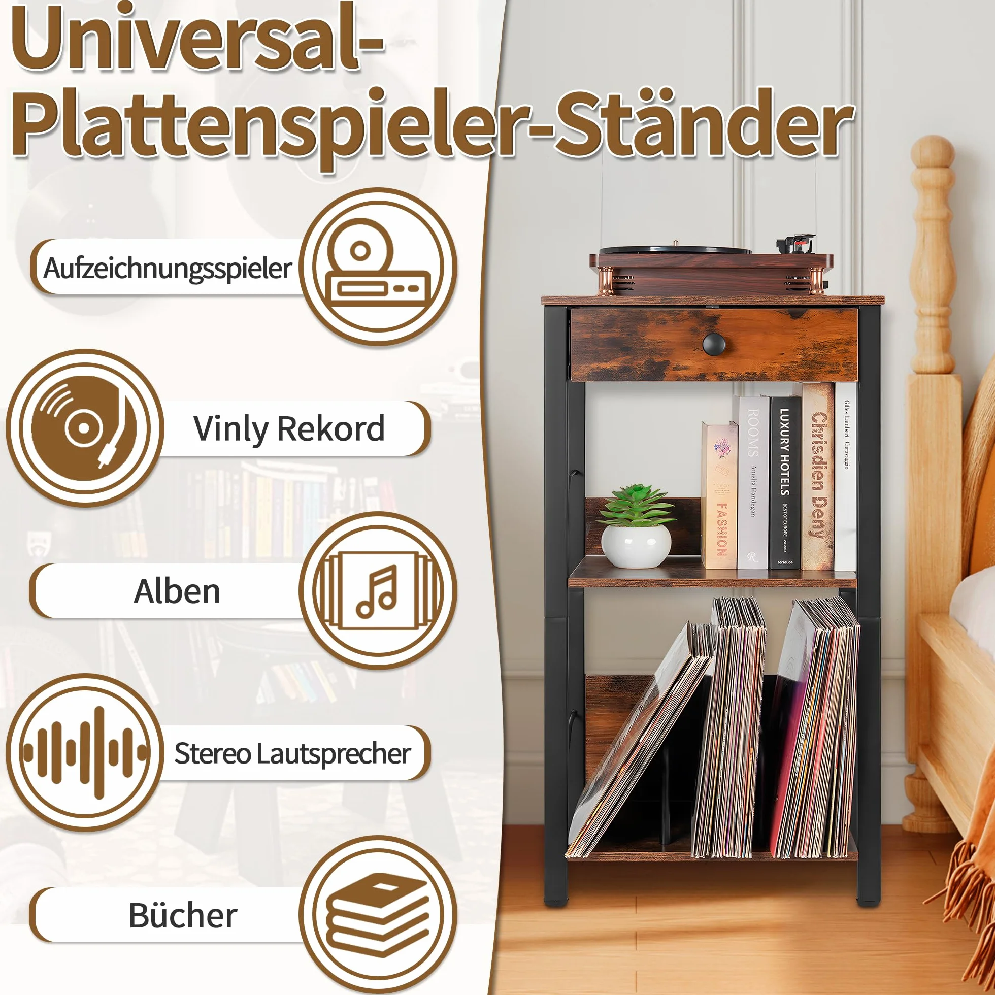 OUUTMEE Vinylowy stojak na gramofon, 3-stopniowy stół z szufladą i półką, do przechowywania maks. 100 albumów