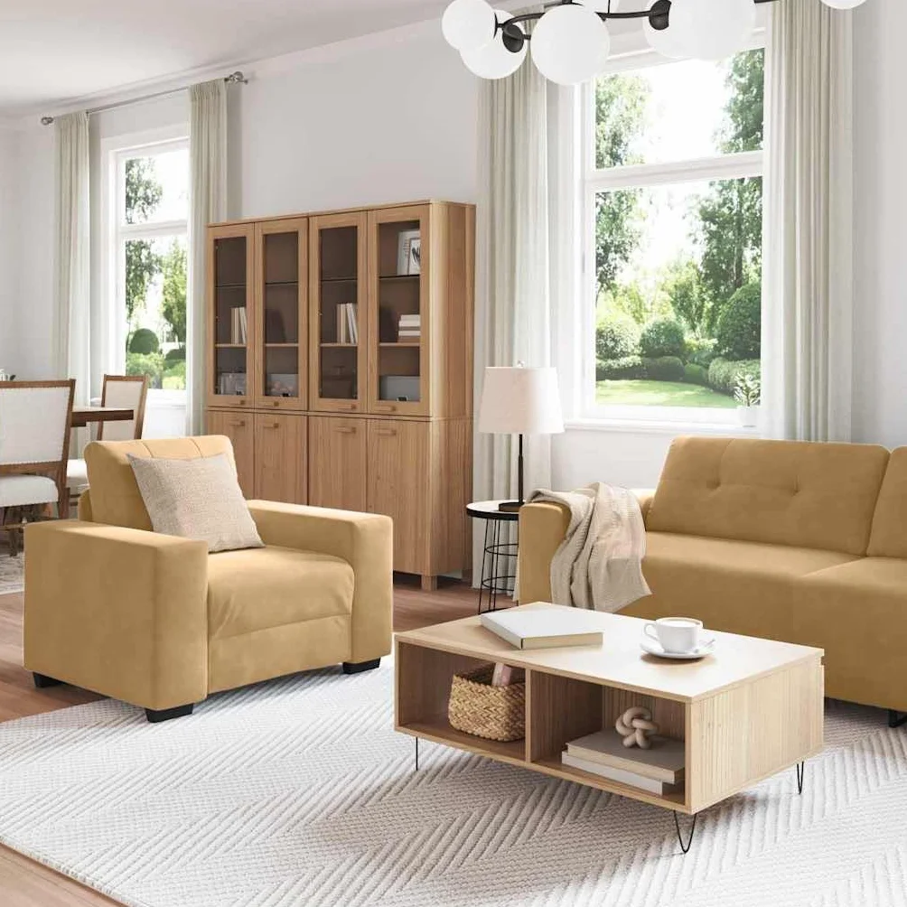 Sofa zestaw 3-częściowy, brązowy aksamit 221 x 80 x 80 cm, nowoczesny mebel tapicerowany, do salonu, lounge, zestaw mebli do siedzenia z fotelami 2-osobowymi i 3-osobowymi, na relaksujące