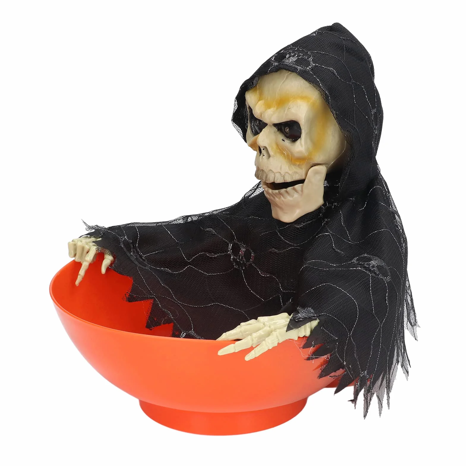 Halloween Candy Bowl z ruchomymi animowanymi cukierkami szkieletowymi, krzyczącym uchwytem na czaszkę i świecącymi oczami dla przerażającego wystroju
