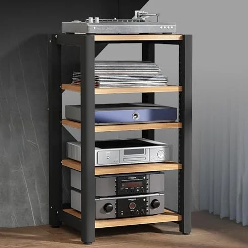 Stojak audio do gier, stojak stereo i półka odtwarzacza płyt muzycznych, konsola multimedialna AV z drewnianymi półkami, szafka na płyty CD/DVD, do projektorów, PS5, Xbox, kina domowego