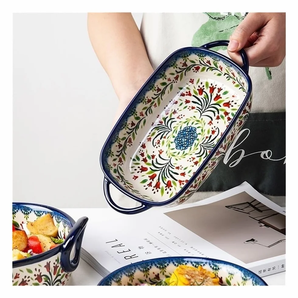 Naczynia do pieczenia Blacha do pieczenia z uchwytem, ​​ceramiczna miska do zastawy stołowej w stylu retro, naczynie na sałatkę, wielofunkcyjna, duża pojemność