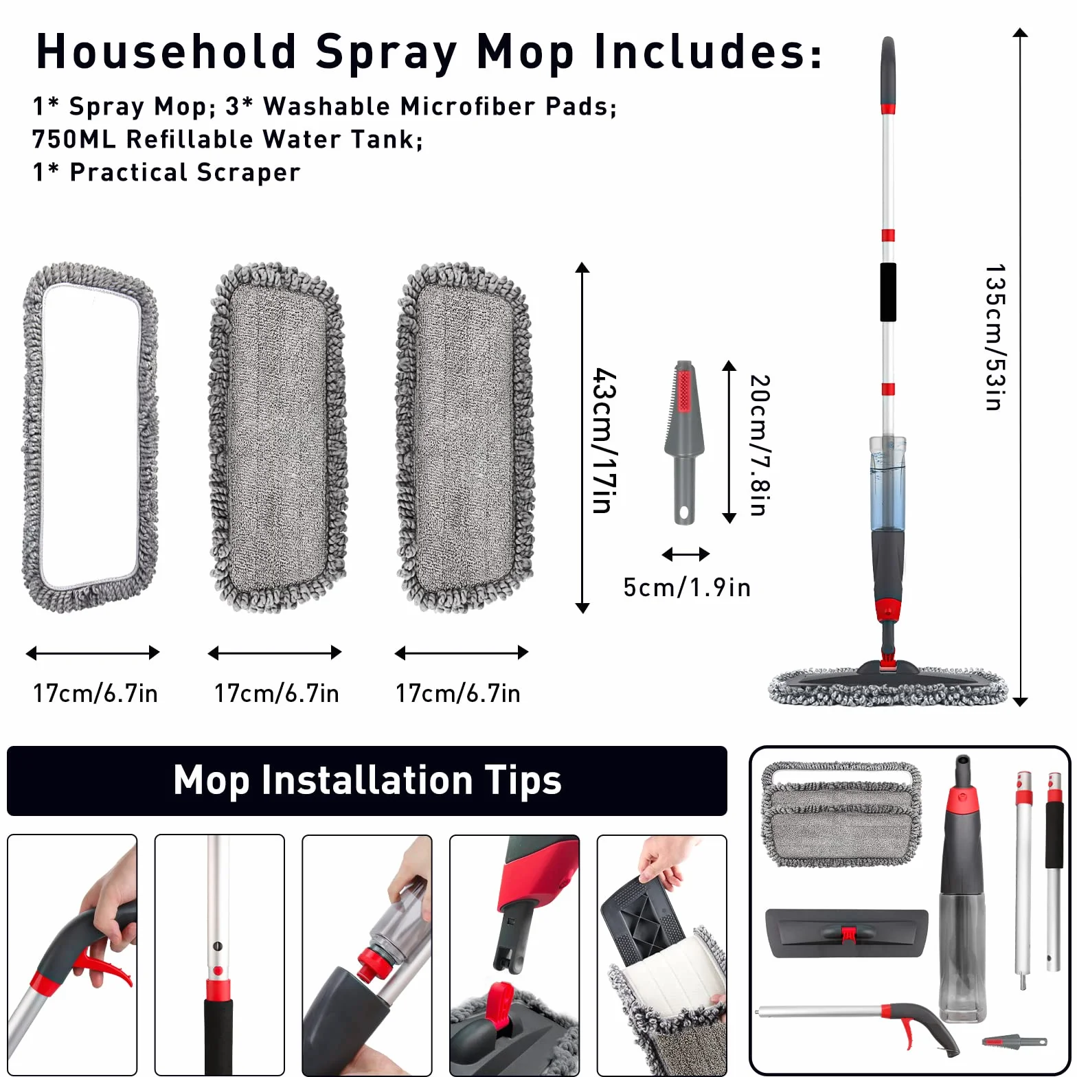 Mopy natryskowe do czyszczenia – 135 cm, 750 ml mopy natryskowe, mop podłogowy z mikrofibry do laminatu, płytek, ceramiki, czyszczenia podłóg z twardego drewna z 3 podkładkami wielokrotnego