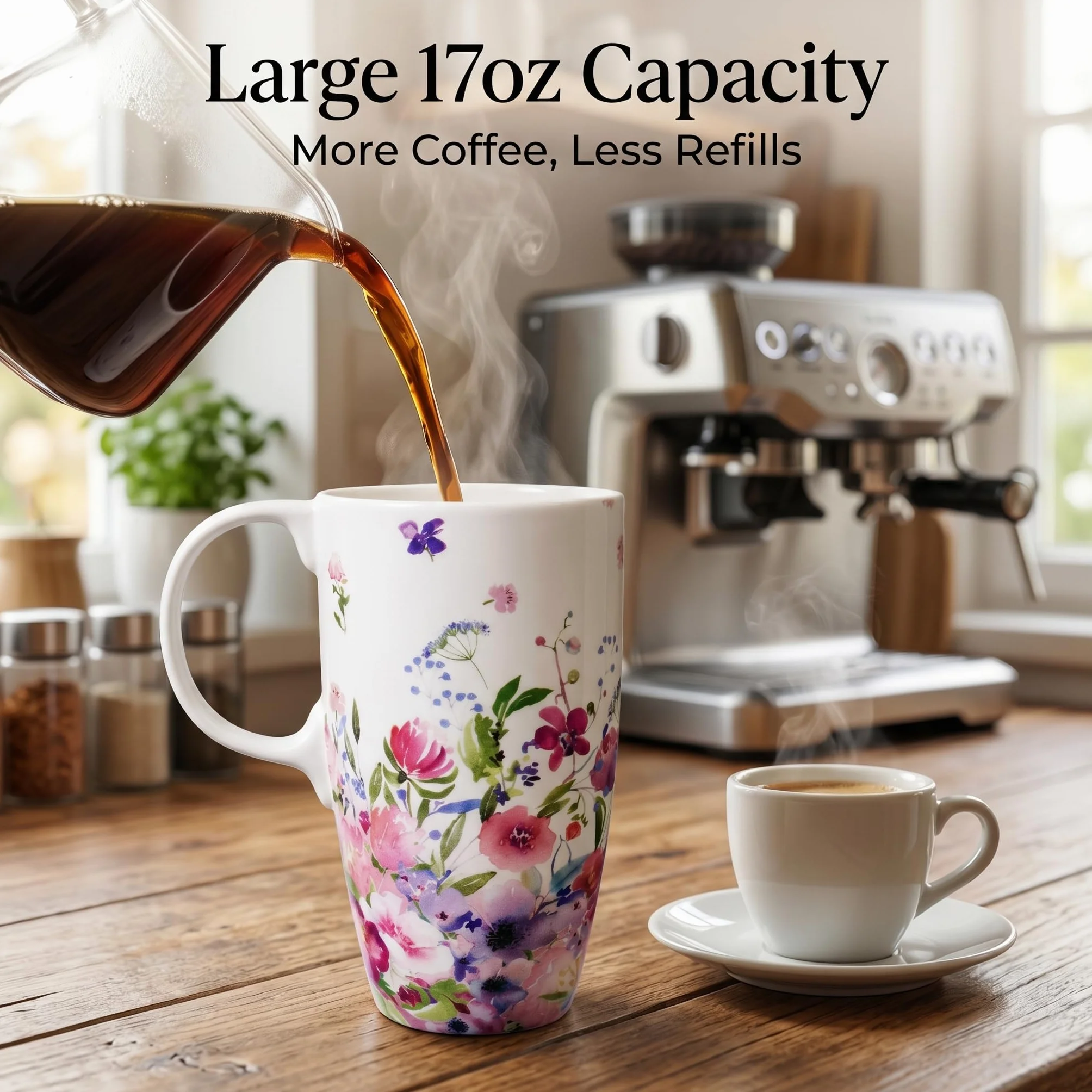 DUSVALLY Kubek ceramiczny duży kubek do kawy wysokie kubki porcelanowa filiżanka do herbaty latte z pokrywką i pudełkiem prezentowym 480 ml, różowy kwiat