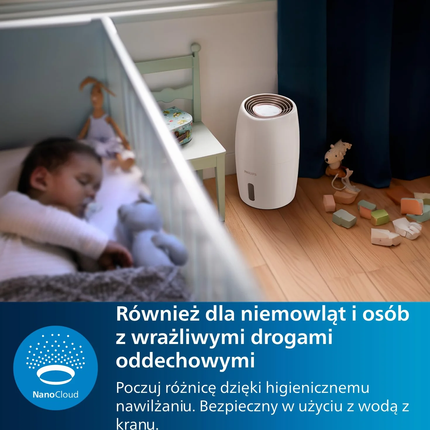 Philips Nawilżacz powietrza Serii 2000, Higieniczne nawilżanie NanoCloud, 99,97% mniej bakterii, 200 ml/h, Zbiornik 2L, Ultra cichy (33 dB), 3 prędkości, Tryby Auto i Nocny, Timer, Biały (HU2716/10)