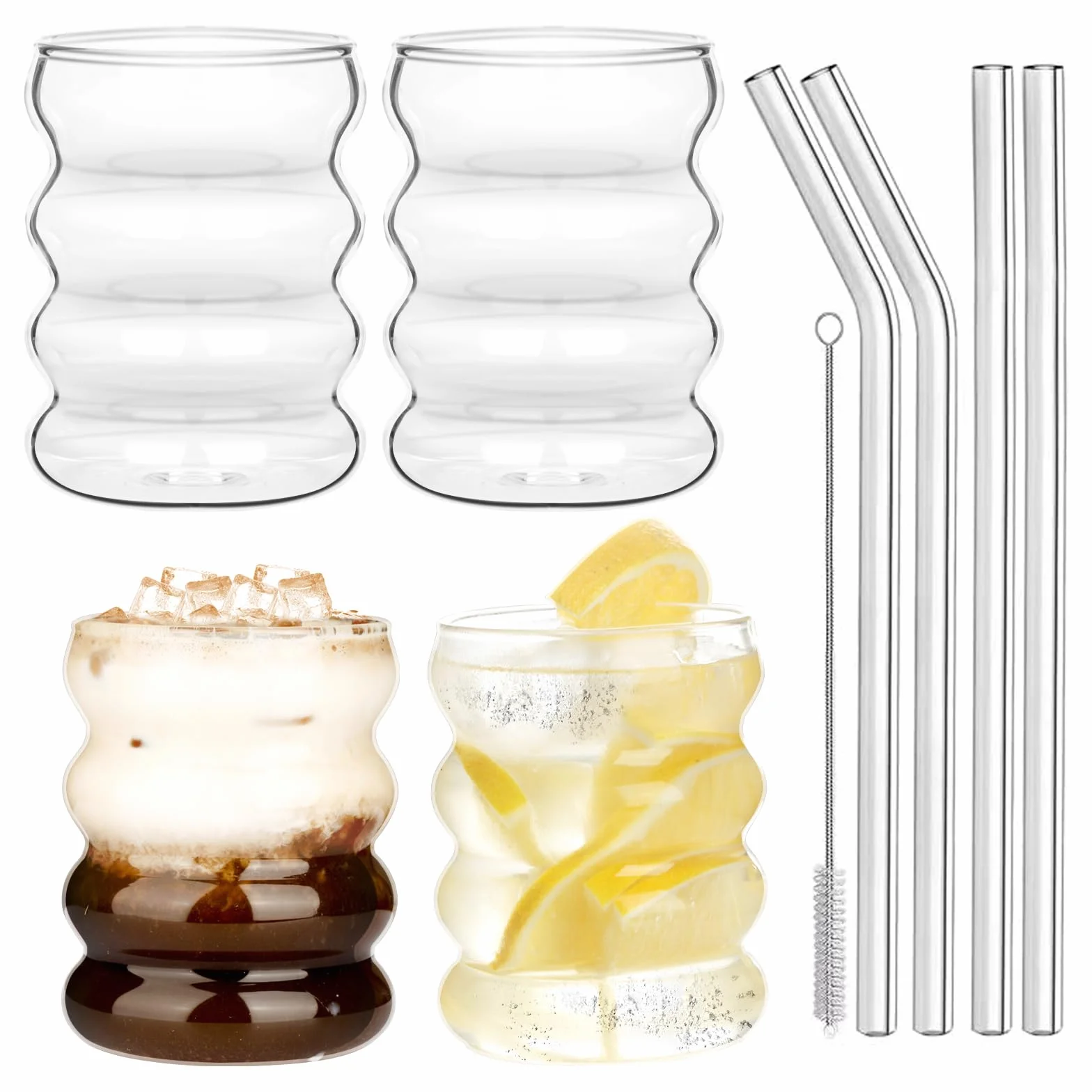 Withosent Szklanki bąbelkowe 300ml ze słomką, zestaw 4 żebrowanych szklanek do picia, szklanki Wave Tumbler, szklanki do wody na latte macchiato, mrożoną kawę, whisky, koktajle, jogurt, napoje