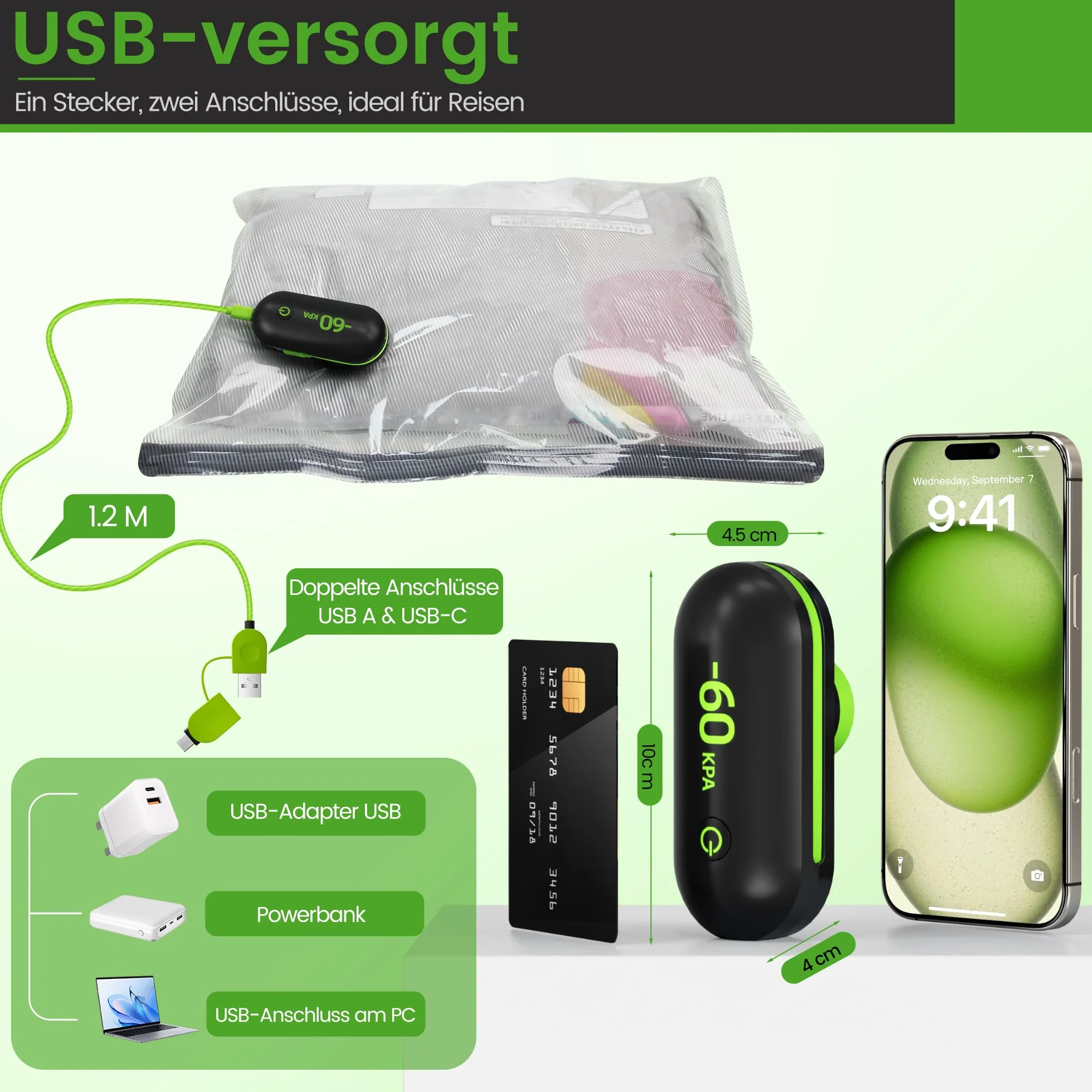 Zestaw 9-częściowy worków próżniowych z elektryczną pompą USB | 3 rozmiary (40 x 40 cm, 40 x 50 cm, 40 x 60 cm) oszczędzają miejsce na ubrania, podróż, pościel i przeprowadzkę, hermetyczne torby do