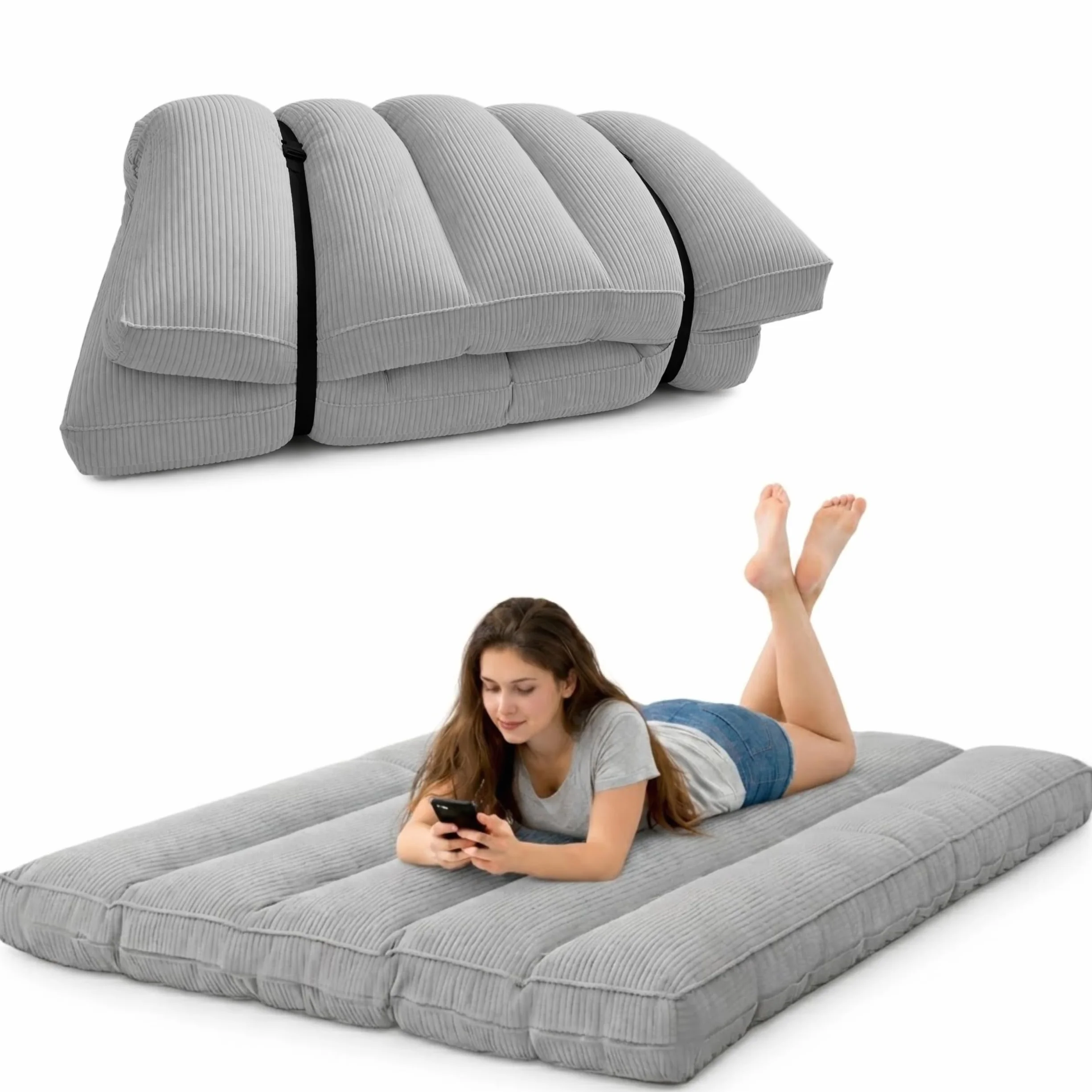 bananair - Japoński futon zwijany dla 2 osób, gruby i wygodny, wyprodukowany we Francji, pokrowiec nadający się do prania, praktyczne łóżko składane - składany materac, pasek w zestawie (140 × 190 cm