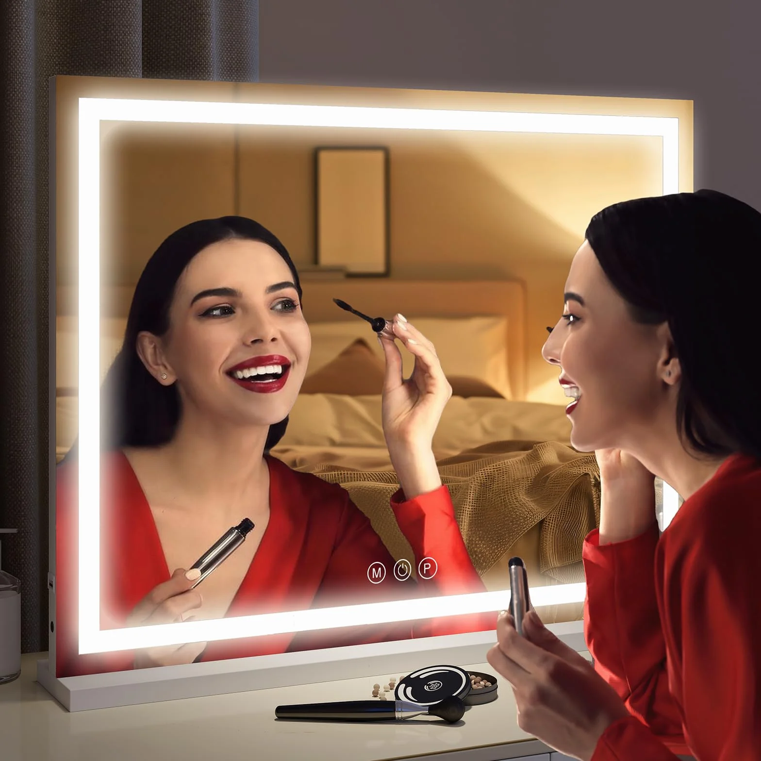YOURLITE Hollywood podświetlane lusterko do makijażu 70x57cm, 3 kolory ściemnialna toaletka LED, powiększona 10x, przełącznik dotykowy, port USB, białe