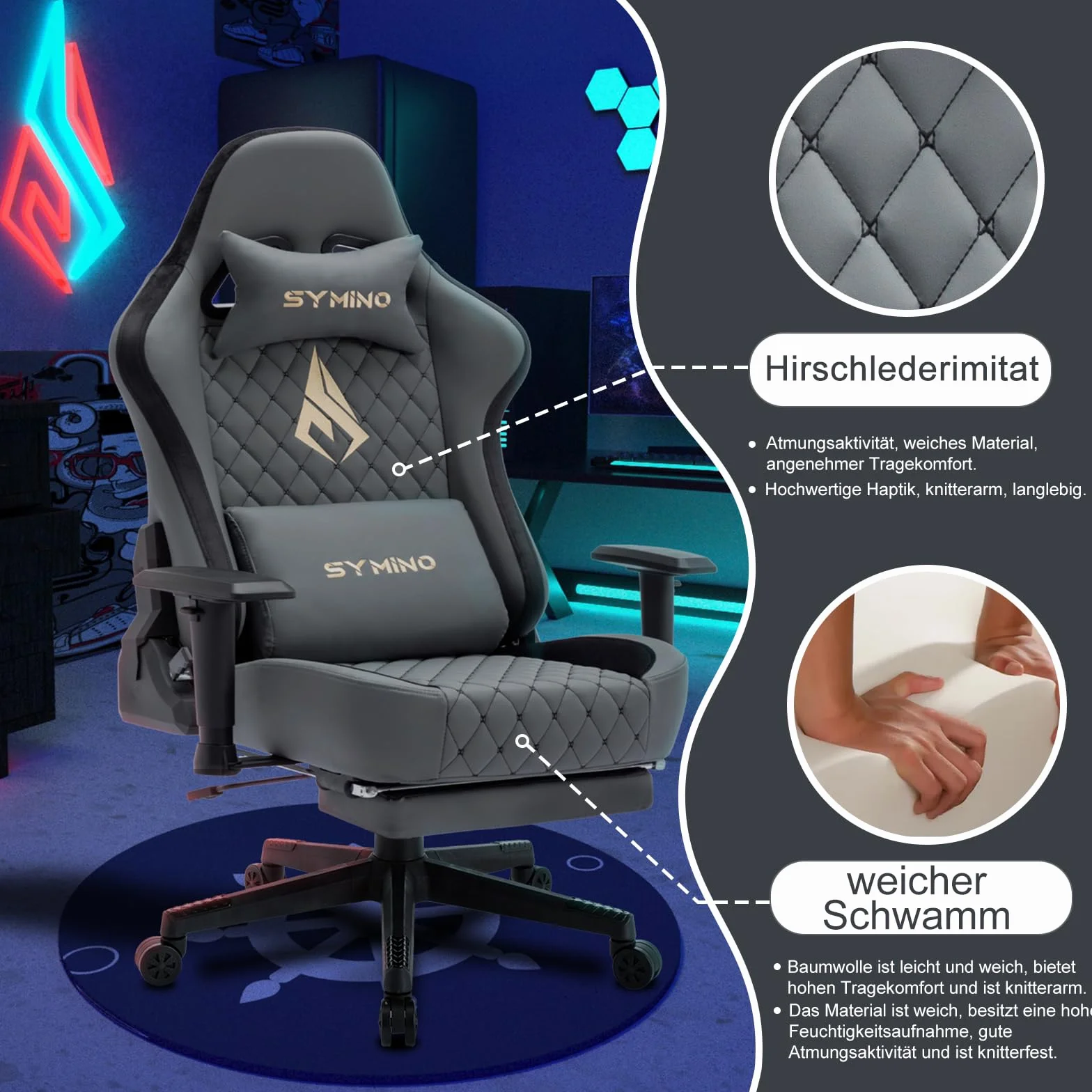 Symino Ergonomiczne Krzesło Gamingowe w Stylu Wyścigowym – Skóra Syntetyczna Vintage, Regulowane Podłokietniki, z Podnóżkiem/Szary