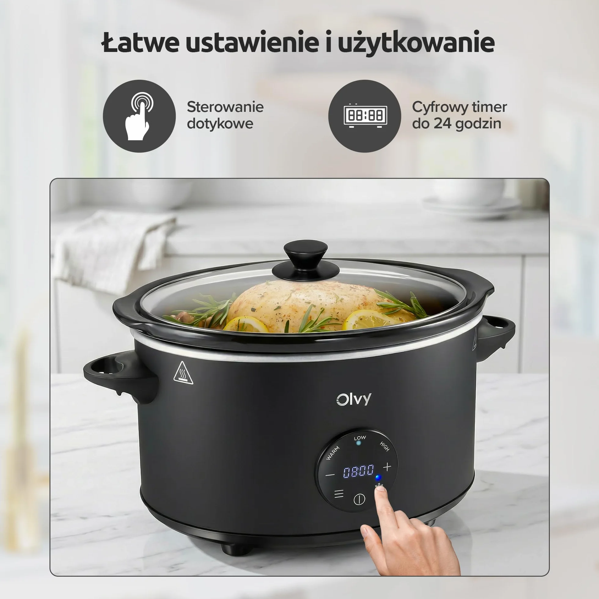 Olvy Slow Cooker 6 l Pro cyfrowy wolnowar z timerem, ekranem dotykowym, funkcja rozmrażania, 24 h, timer, 3 stopnie