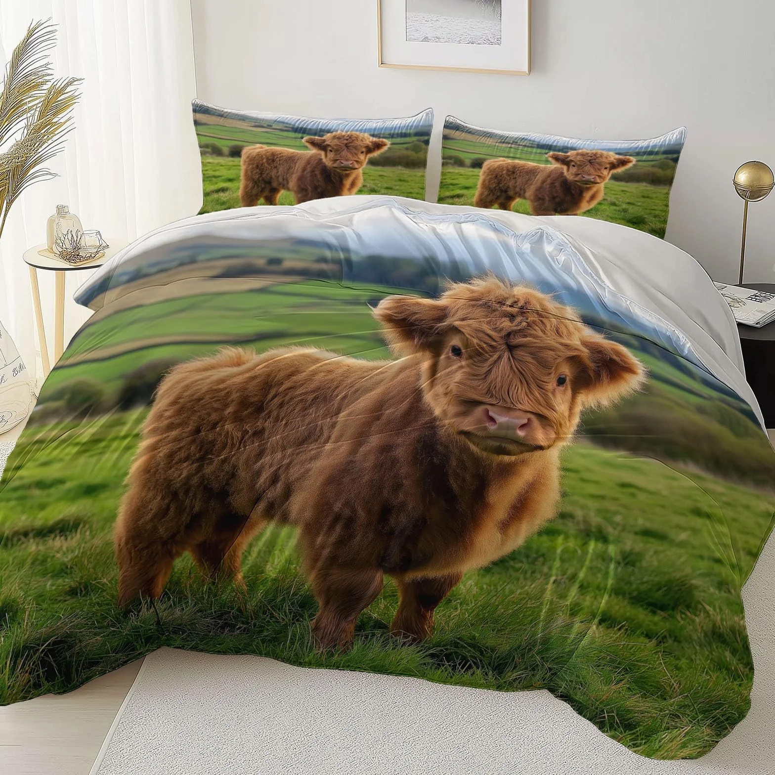 Dwustronna poszwa na kołdrę 240 x 260 cm z nadrukiem, zwierzę łąka bydło górskie wzór zestaw pościeli z zamkiem błyskawicznym, biała poszwa na kołdrę z mikrofibry
