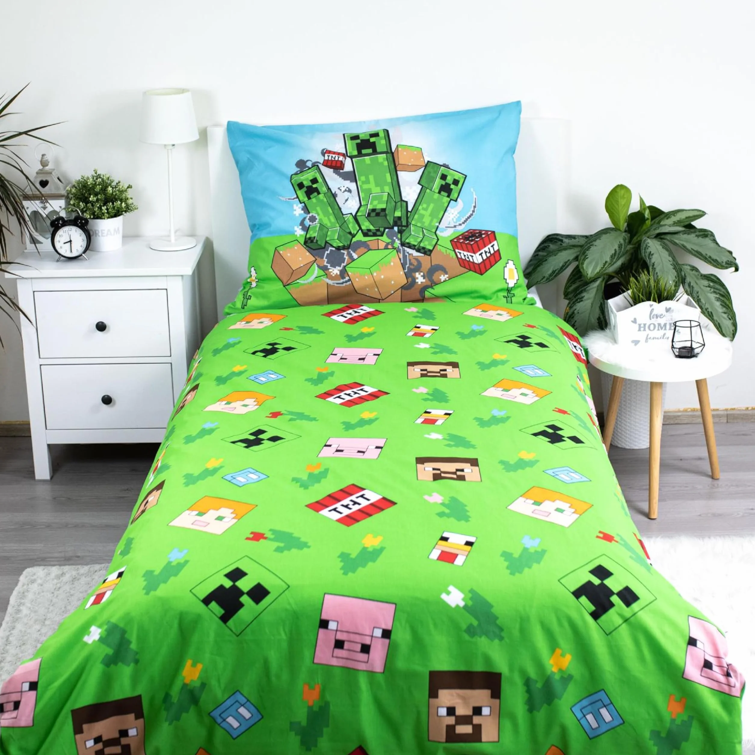Minecraft Komplet dwustronnej pościeli dziecięcej, poszwa na kołdrę 140 x 200 cm, poszewka na poduszkę 70 x 90 cm, z zamkiem błyskawicznym, 100% bawełny, Öko-Tex Standard 100, dla chłopców i