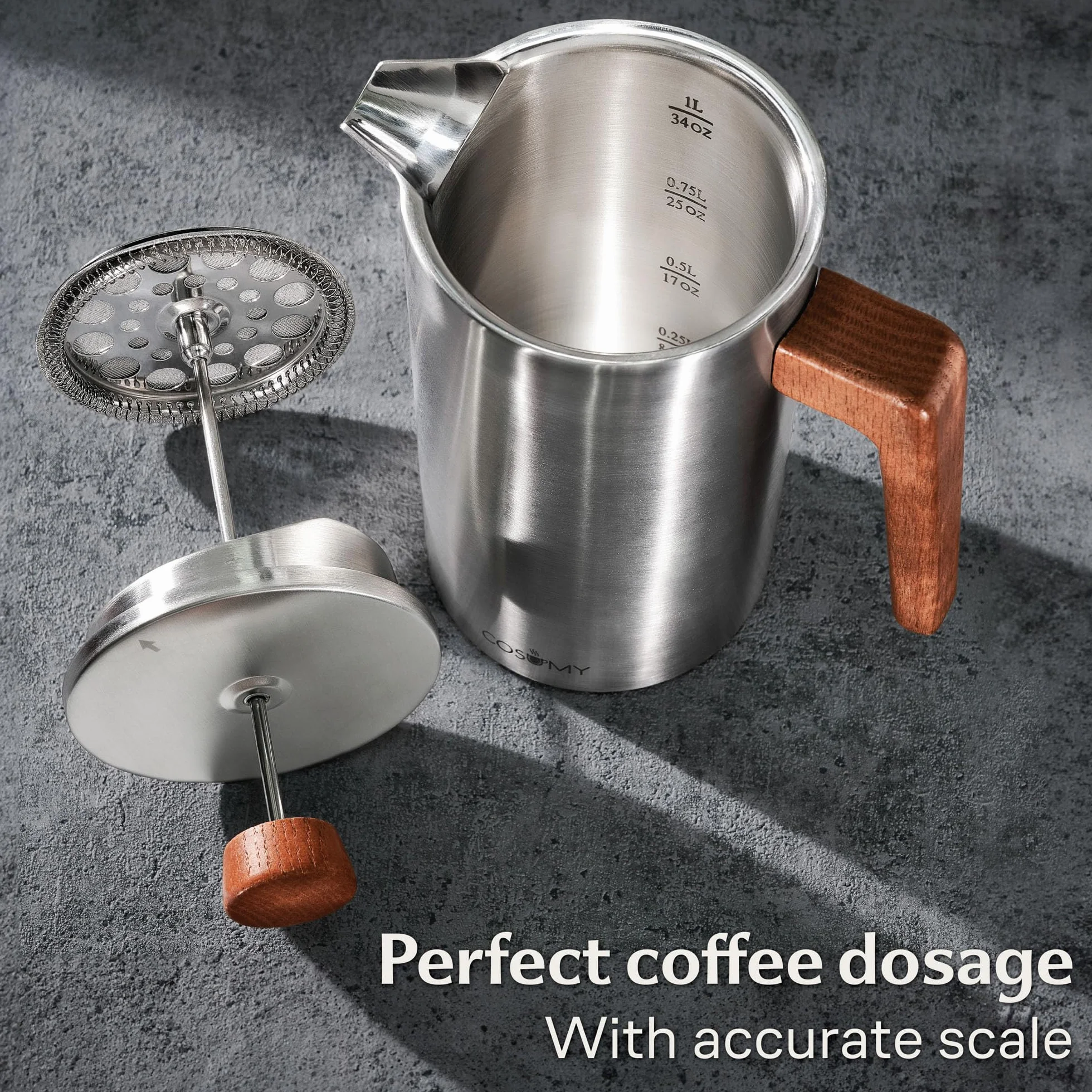 Cosumy French Press 1L wykonany ze stali nierdzewnej i trwałego drewna dębowego - Na 5 filiżanek - 2 dodatkowe filtry - Izolacja o podwójnych ściankach