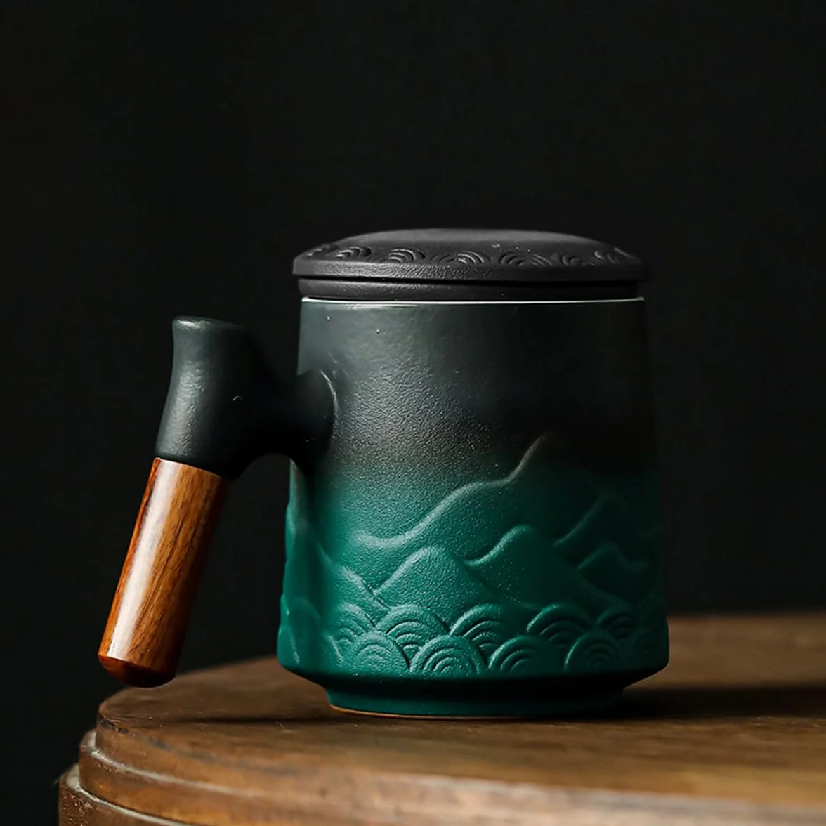 NUZAMAS Filiżanka do Herbaty z Zaparzaczem i Pokrywką 450 ml, Kubek do Kawy z Drewnianym Uchwytem, Ceramiczny