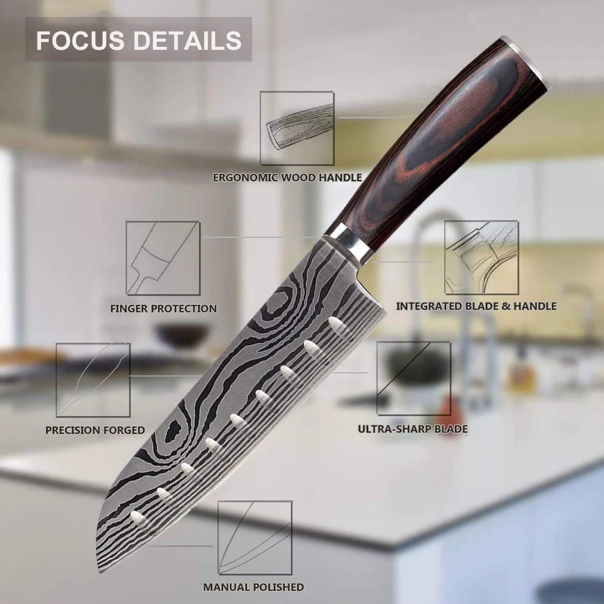 Japoński nóż Santoku, profesjonalne 7-calowe noże kuchenne, niemiecka stal nierdzewna węglowa, ostre jak brzytwa – odporne na plamy i korozję, ergonomiczny uchwyt, idealny do domowej kuchni i restauracji