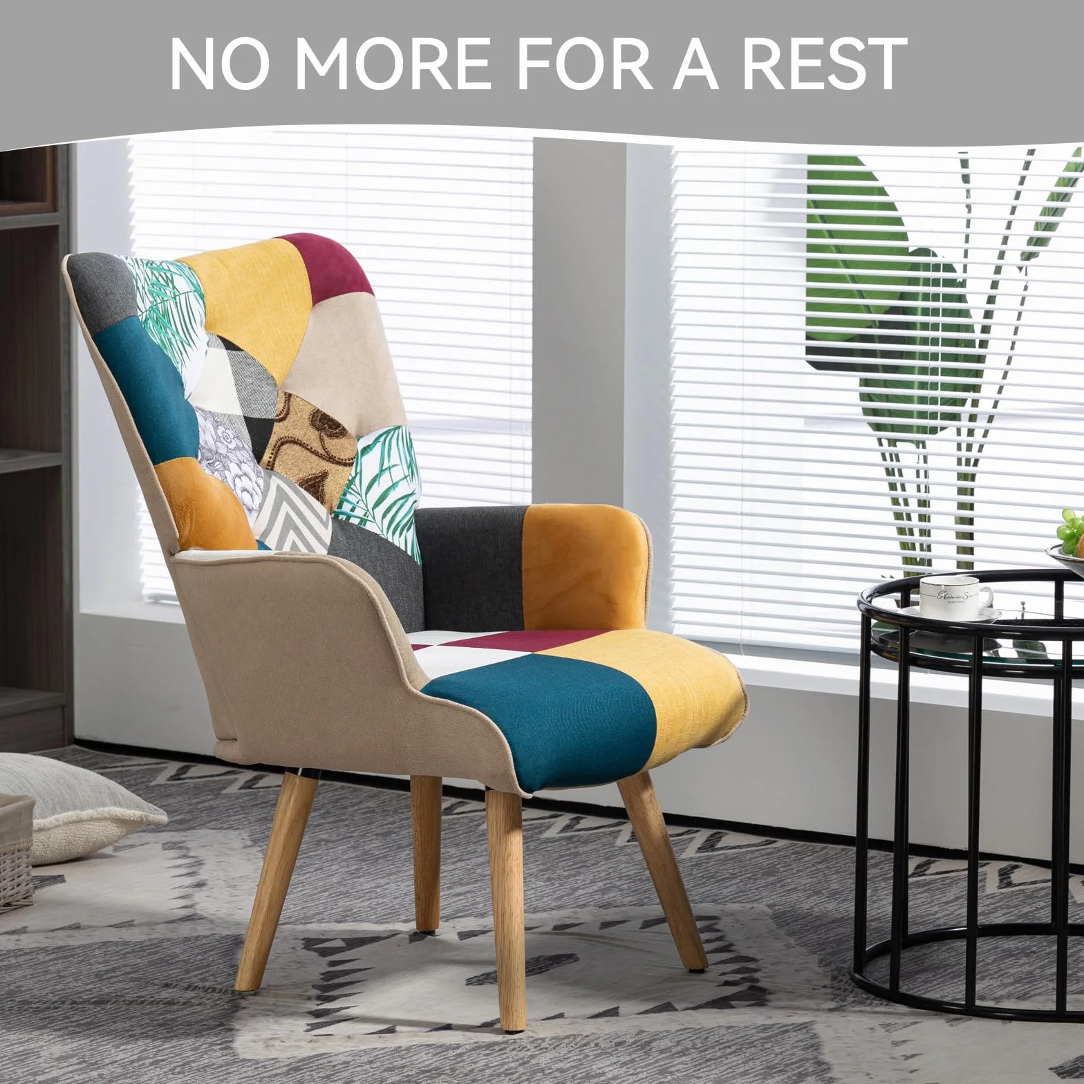 Patchwork fotel relaksacyjny, lniany fotel wypoczynkowy z nóżkami z litego drewna, fotel z uszami do salonu, sypialni, kącik do czytania, wielokolorowy