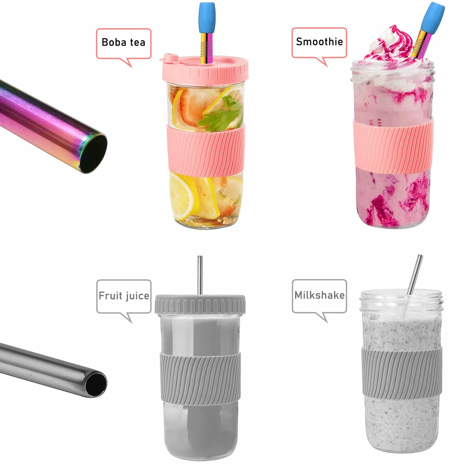 Bąbelkowe kubki do herbaty ze słomkami, 2 sztuki, kubki do smoothie, wielokrotnego użytku, do kawy, koktajli mlecznych, soków, smoothie, piwa, napojów (różowy, biały)
