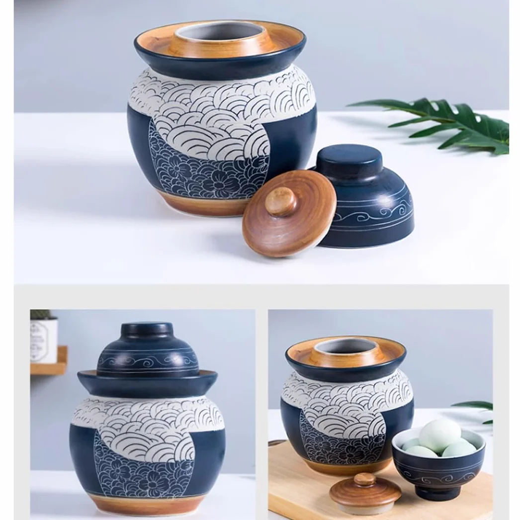 Duży ceramiczny słoik na marynaty z pokrywkami, niebieski tradycyjny porcelanowy słoik do marynowania, ceramiczny garnek fermentacyjny z uszczelką wodną pokrywką śluzy powietrznej, garnek z