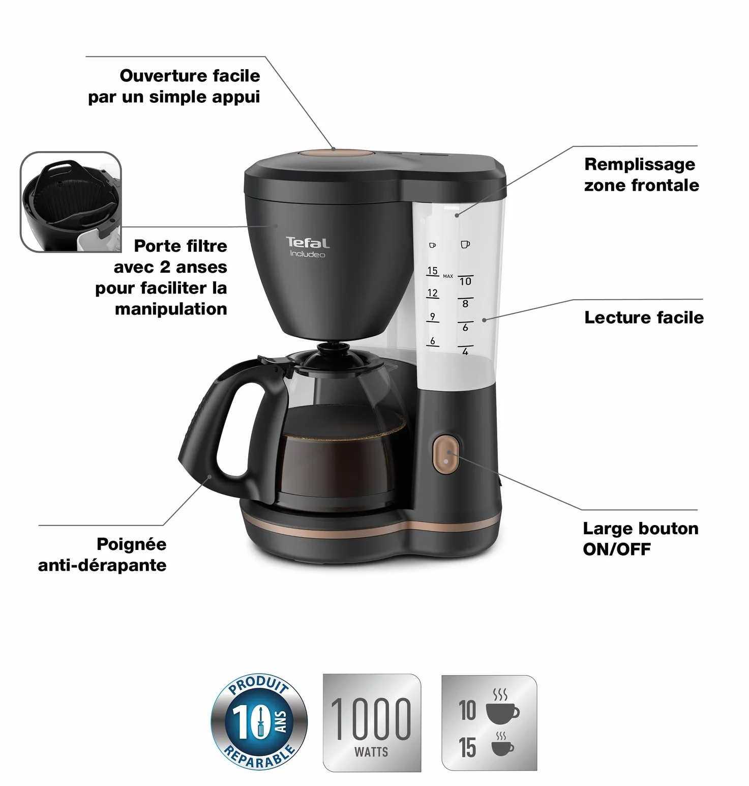 Tefal Ekspres do Kawy, Czarny, 1000 W