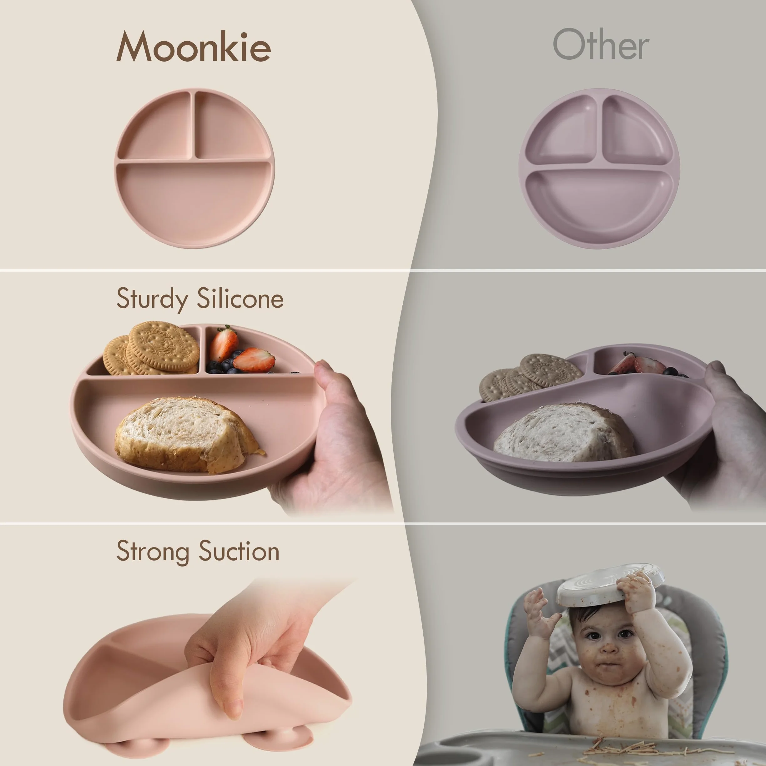 Moonkie silikonowy talerzyk dla dzieci z pokrywką, 2 Sztuk talerzyk dla niemowląt z przyssawką, Antypoślizgowy zestaw naczyń bez BPA z widelcem i łyżką(Kolor skóry/Żółty ziemski)