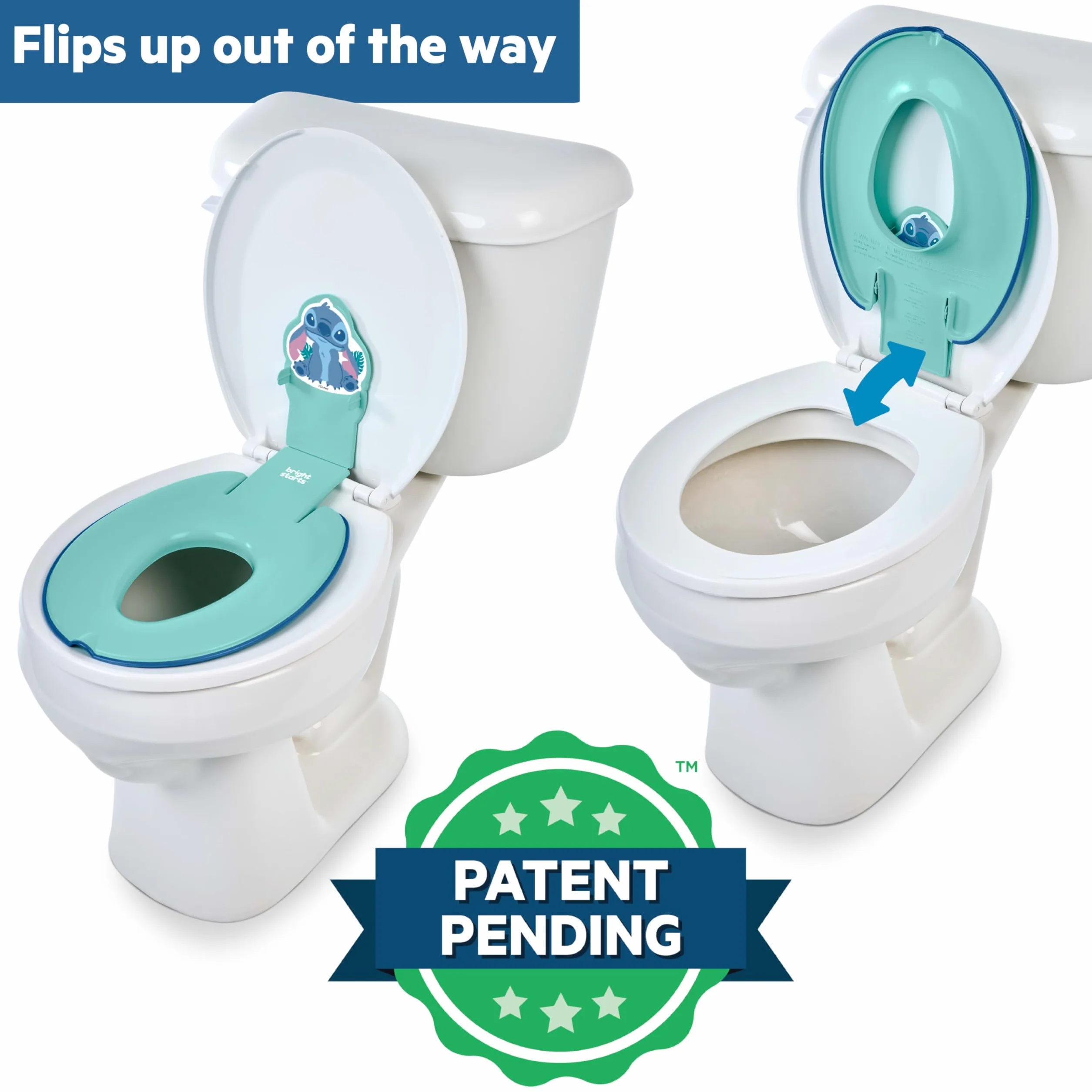 Bright Starts Disney Baby Stitch Flip & Sit Nocnik, bezpiecznie mocuje się do toalety, oszczędzający miejsce design pasuje do większości toalet, łatwy do czyszczenia