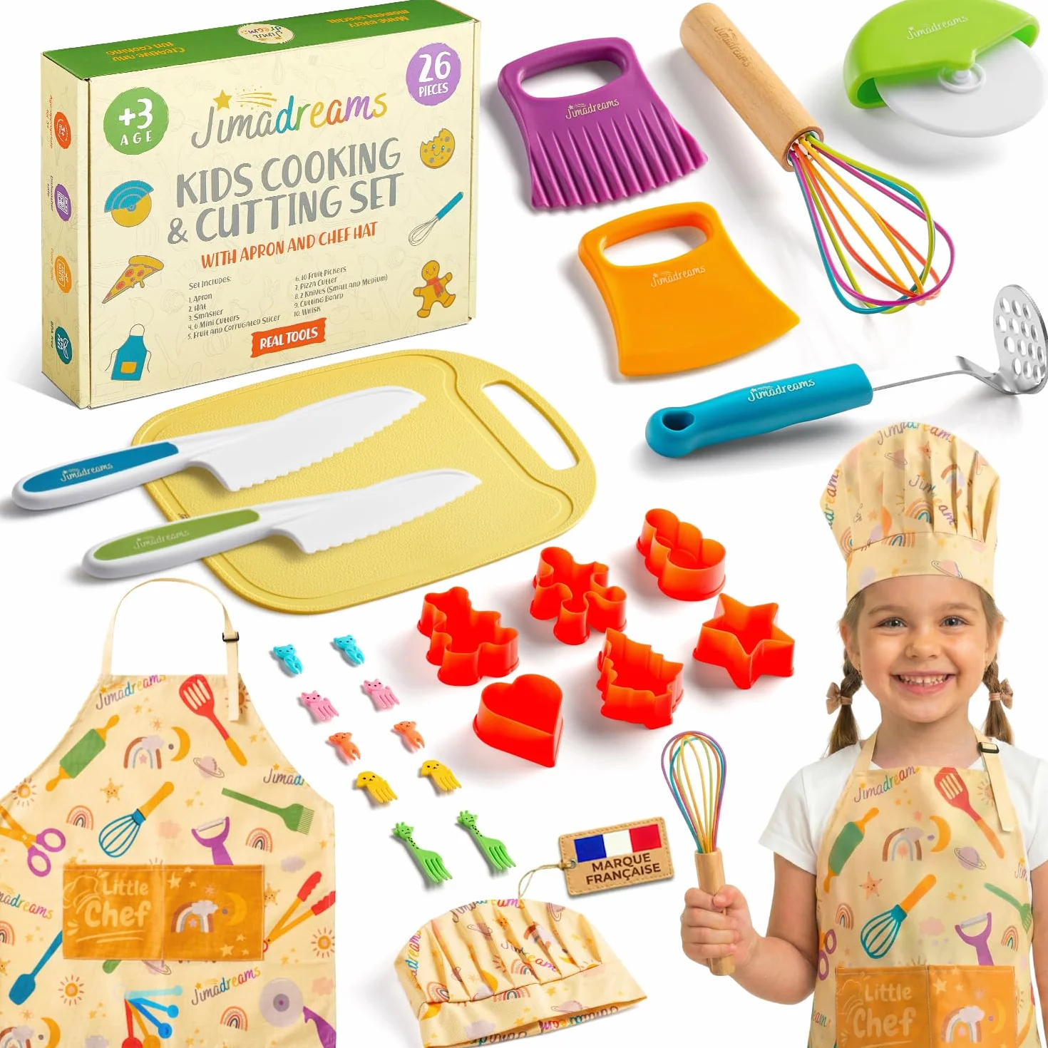 Montessori Nóż dla dzieci & Zestaw do pieczenia - 26 elementów Prawdziwe przybory kuchenne i Zestaw do krojenia - Bezpieczny Zestaw noży i Fartuch - Prezent dla Małego kucharza 3-12 lat