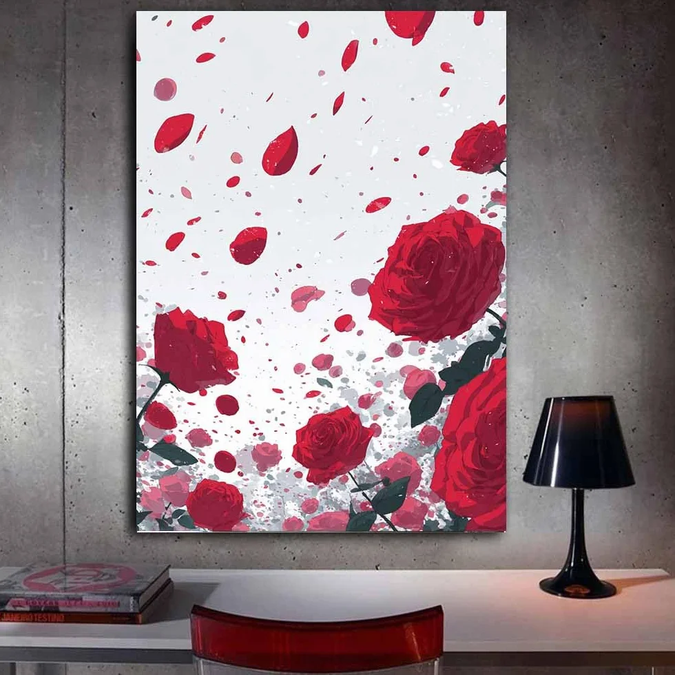 CUDAOO Prosta sztuka botaniczna wydruki na płótnie czerwone płatki róży do sypialni dom salon łazienka (kolor czerwonego drewna)-70x100 cm oprawiony