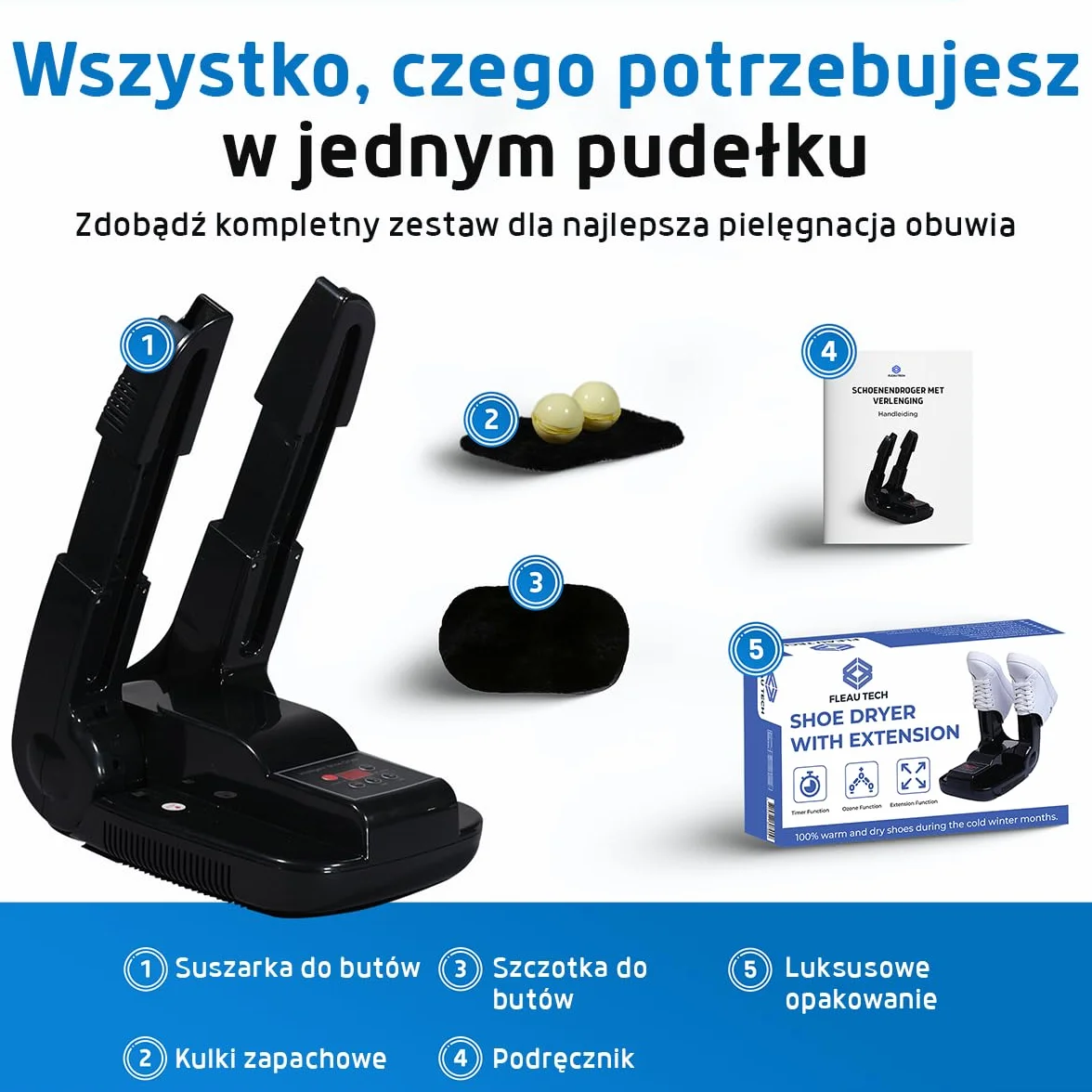 Suszarka do butów Fleau Smart - Ozon/funkcja suszenia - Odświeżacz do butów - Usuwacz nieprzyjemnych zapachów - W zestawie. Kulki zapachowe i szczotka do butów